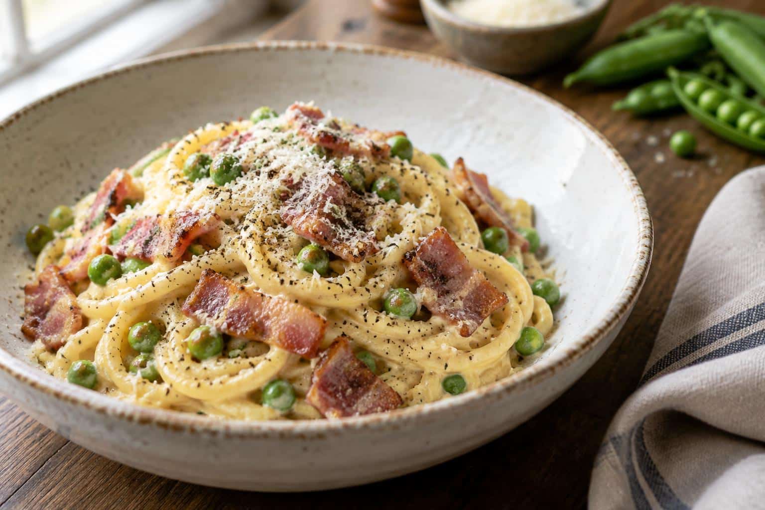 A bowl of creamy bacon pea carbonara pasta with peas and crispy bacon in creamy sauce
