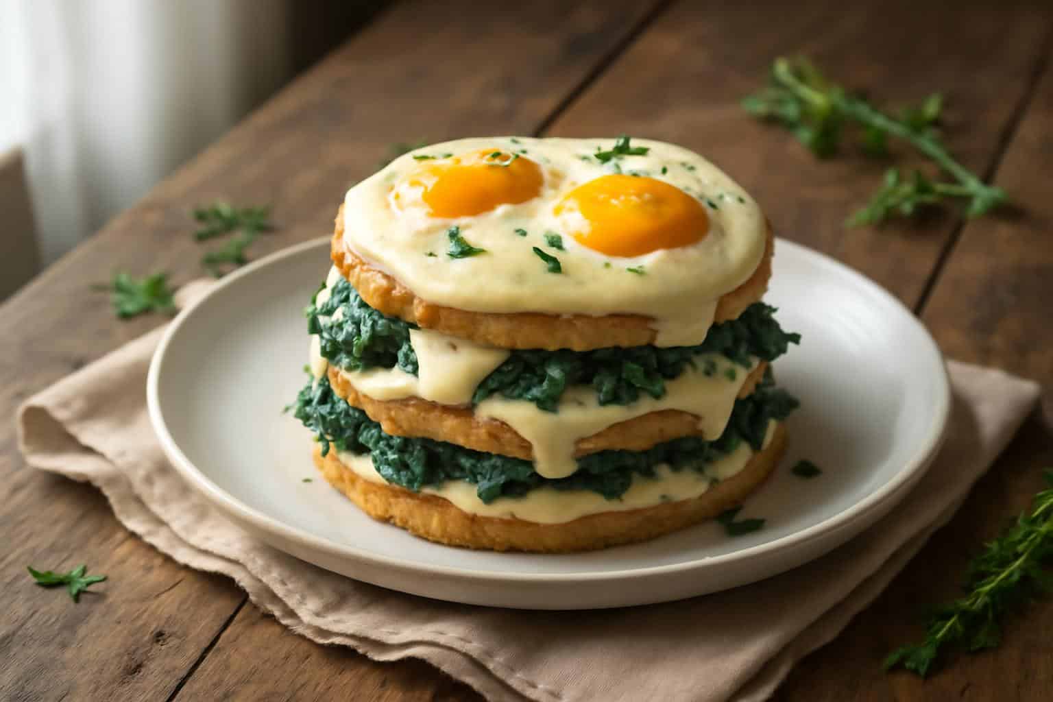 creamy baked eggs napoleon breakfast treat with layered toast, béchamel, spinach, and baked eggs