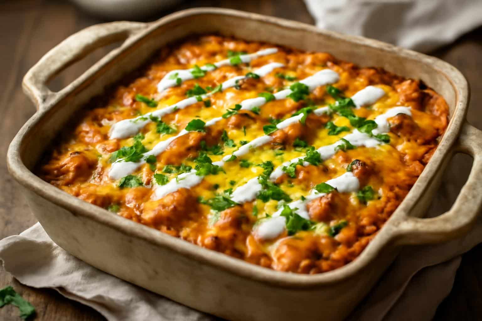 Creamy BBQ ranch chicken casserole with melted cheese and fresh parsley garnish