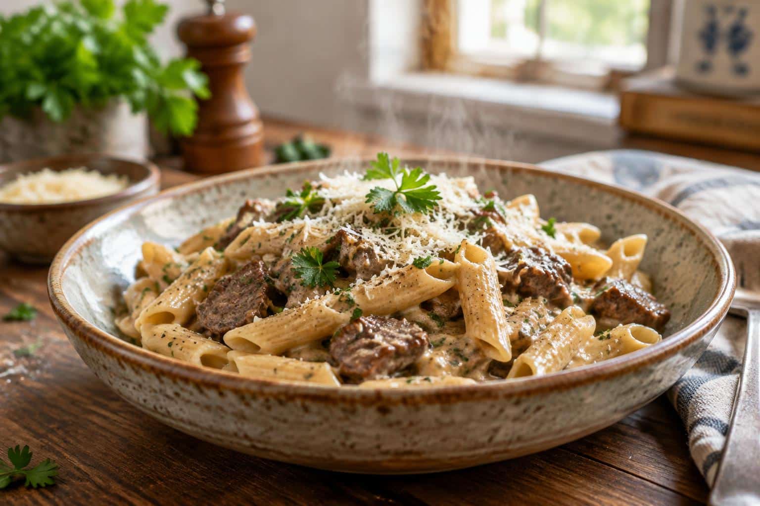 Creamy beef pasta in rustic bowl garnished with parsley and Parmesan, creamy beef pasta