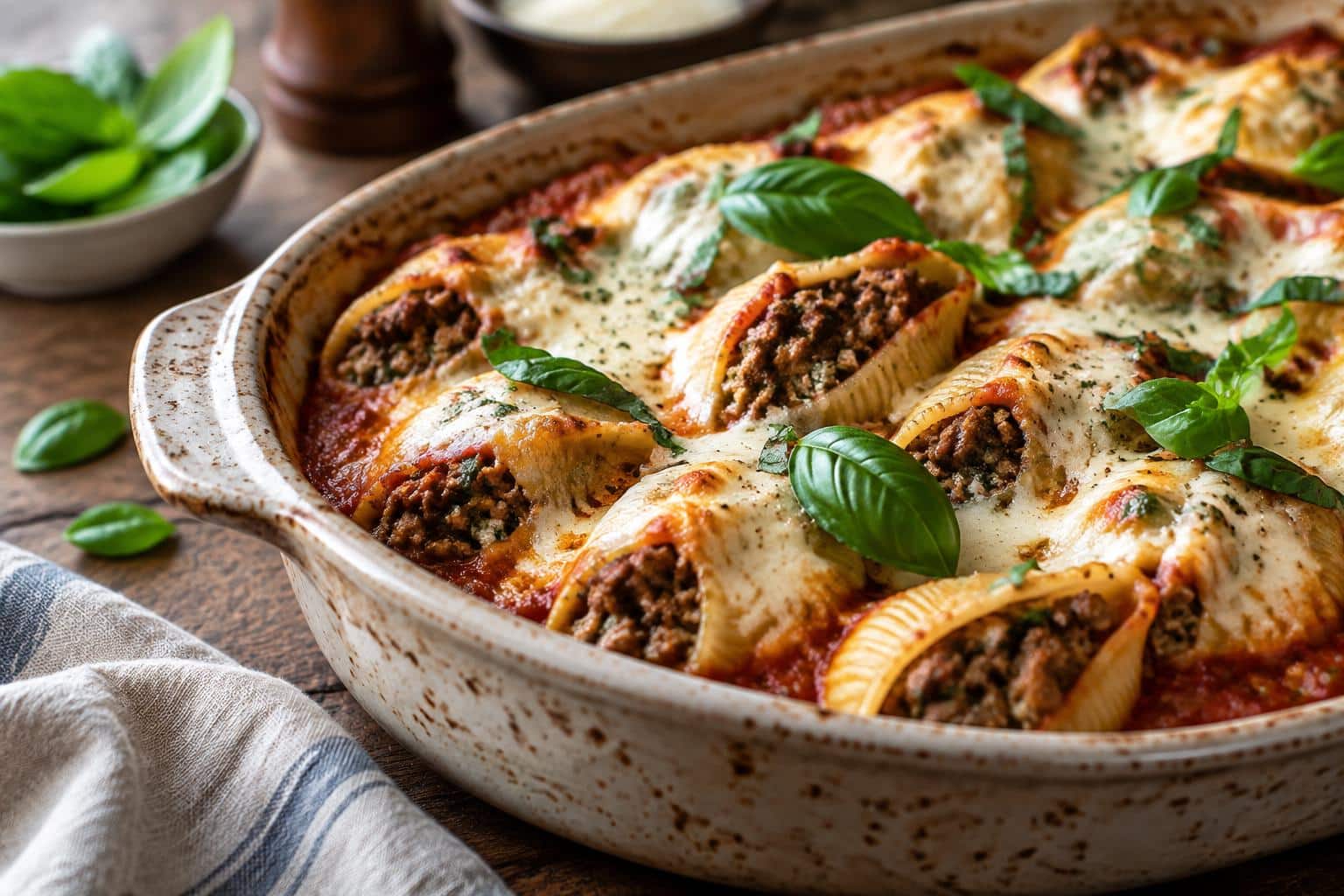 Creamy beef stuffed shells baked with melted cheese and fresh basil garnish