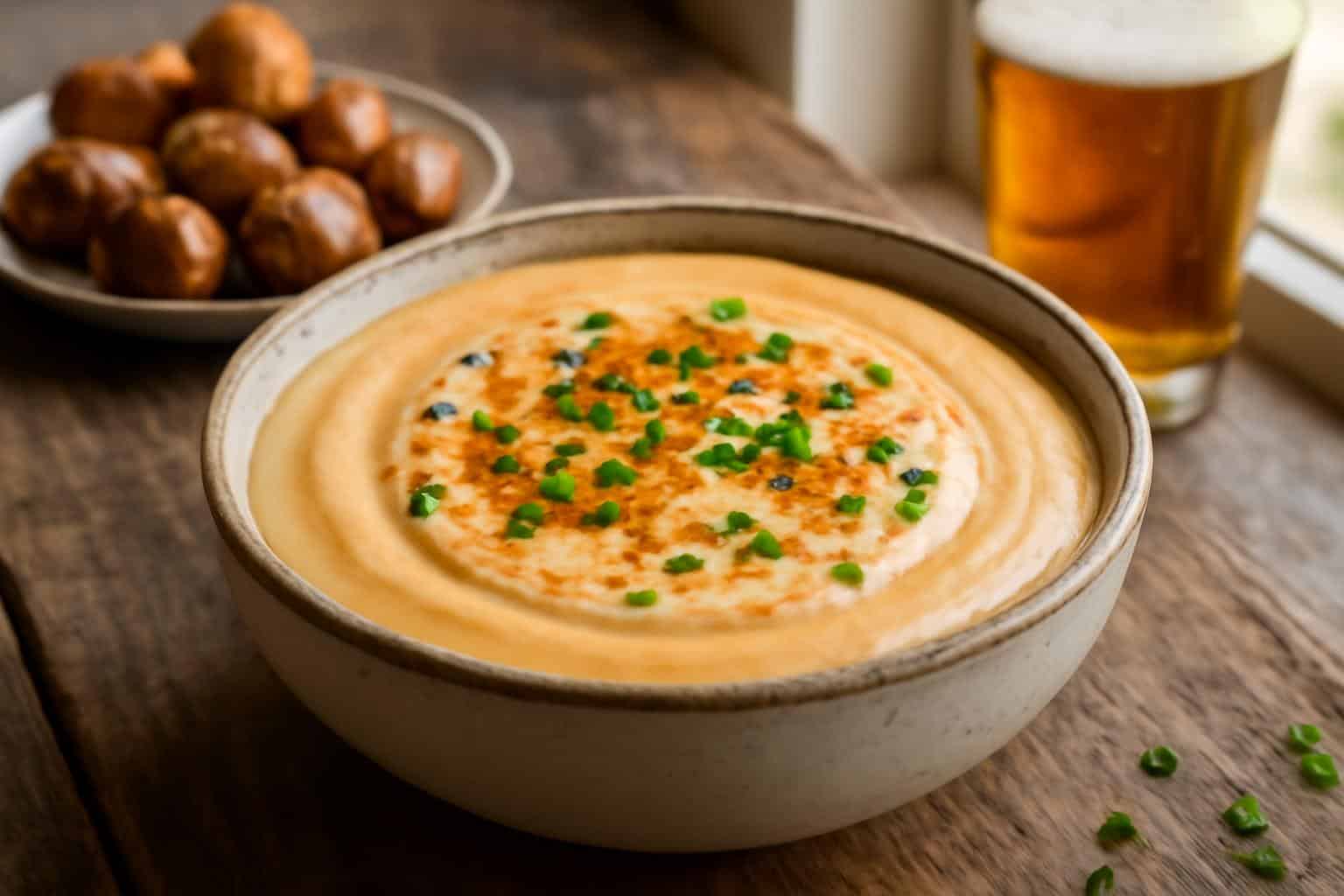 Creamy beer cheese dip garnished with chives and paprika, perfect beer cheese dip for game day
