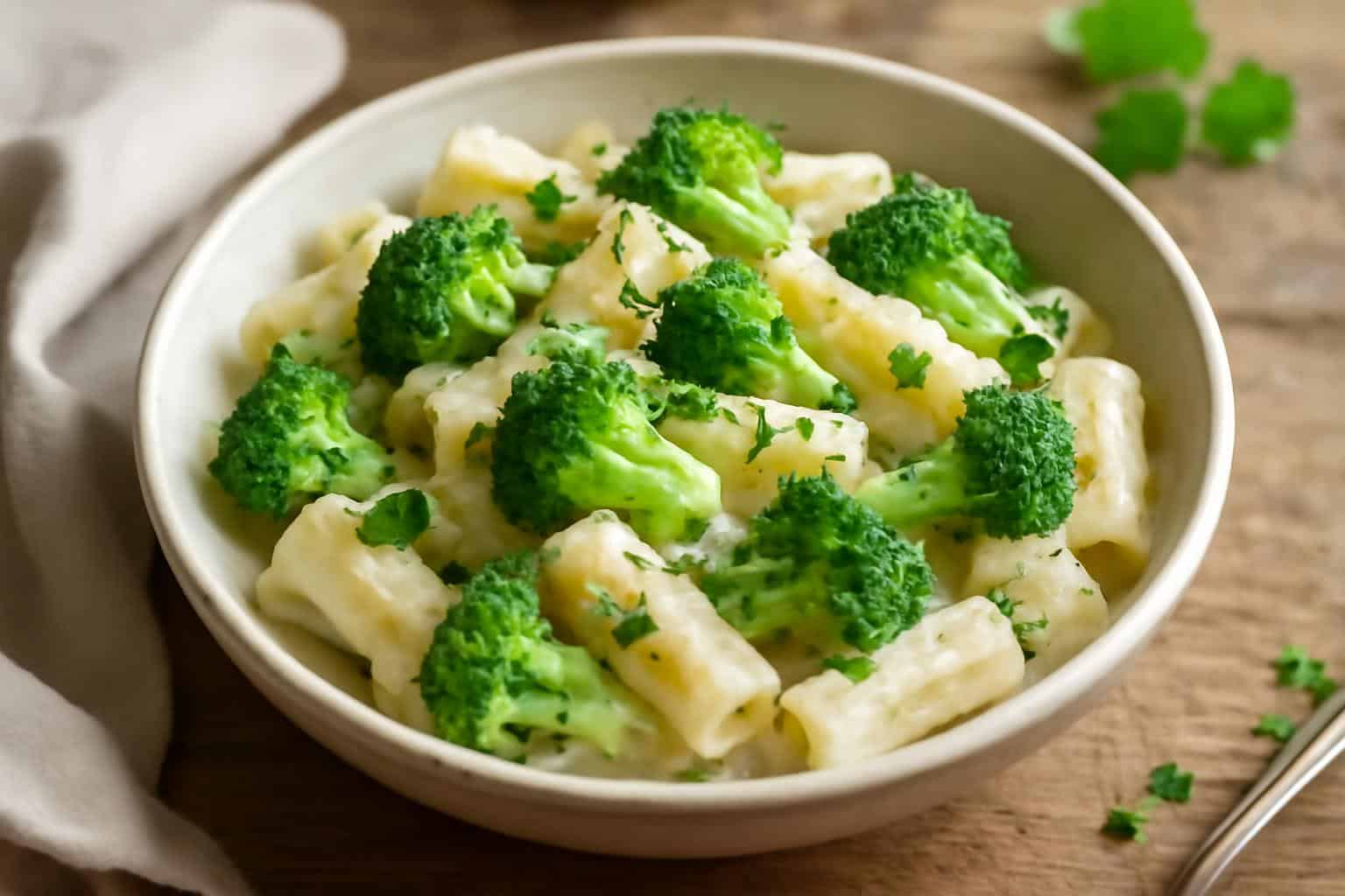 Creamy boursin cheese pasta tossed with fresh broccoli and parsley garnish