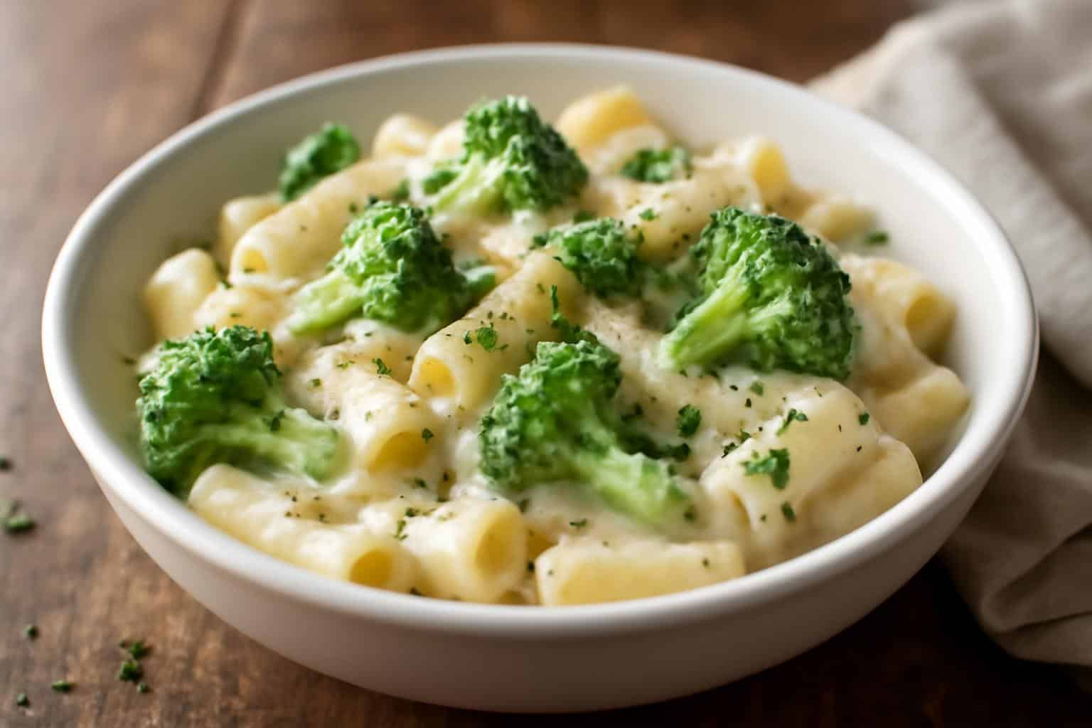 Creamy boursin cheese pasta with tender broccoli in a white bowl garnished with parsley