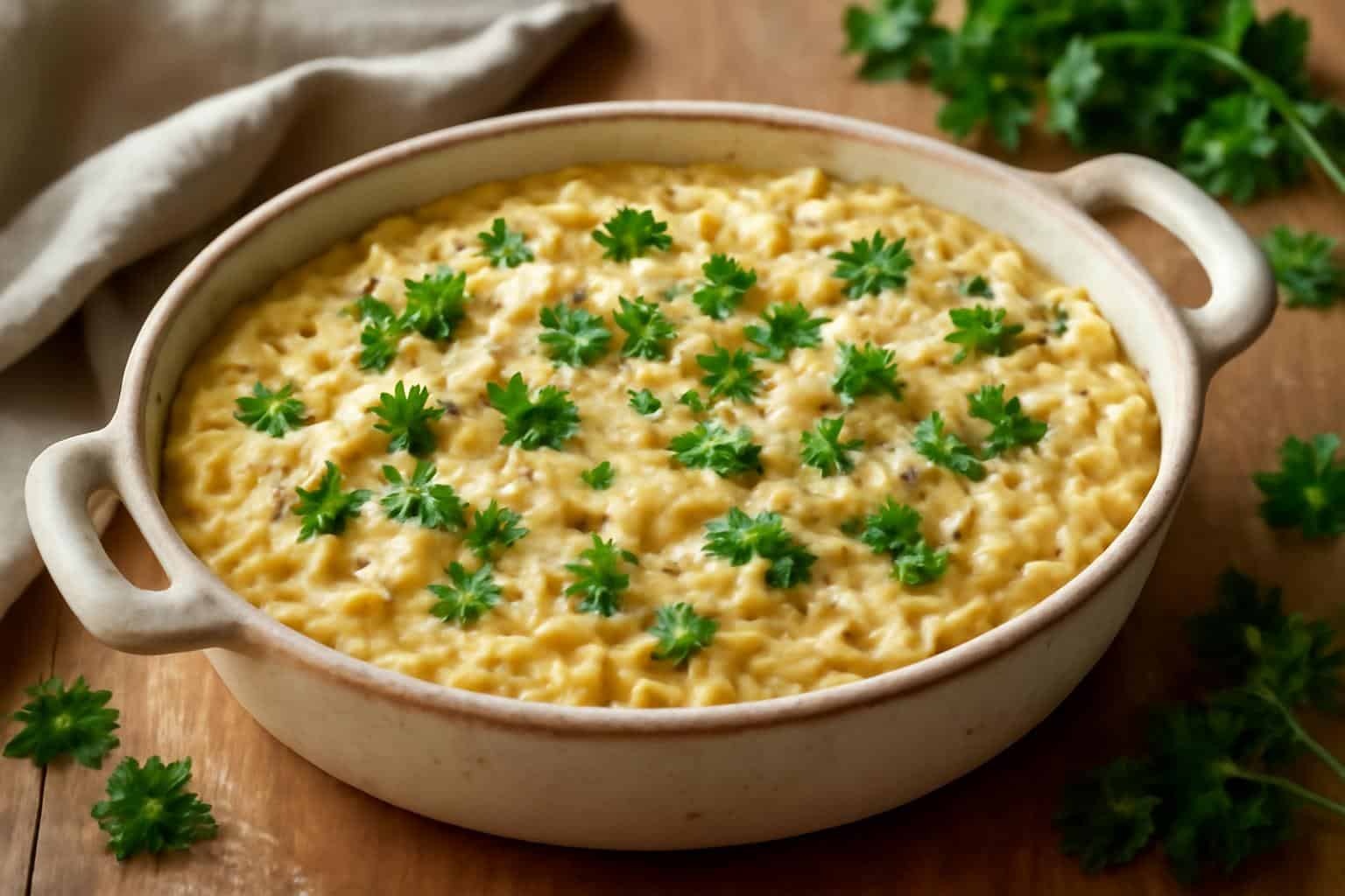 Creamy boursin orzo bake in a rustic dish garnished with parsley and Parmesan cheese