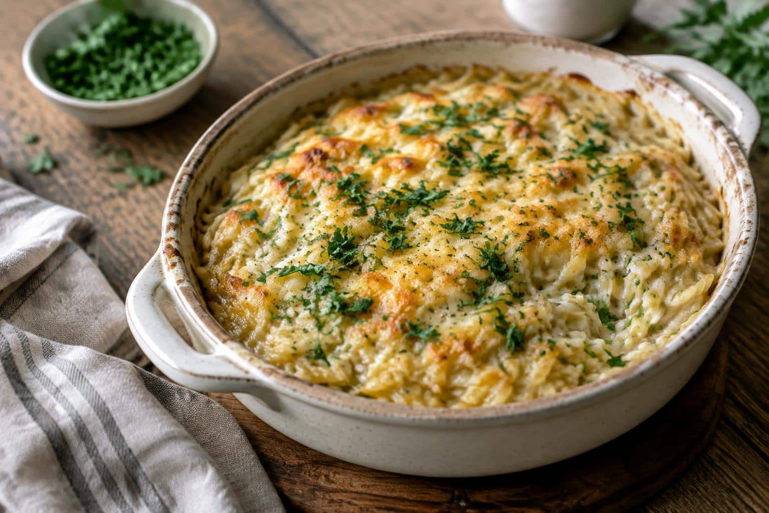 Creamy Boursin Orzo Bake in a rustic casserole dish topped with melted cheese and herbs