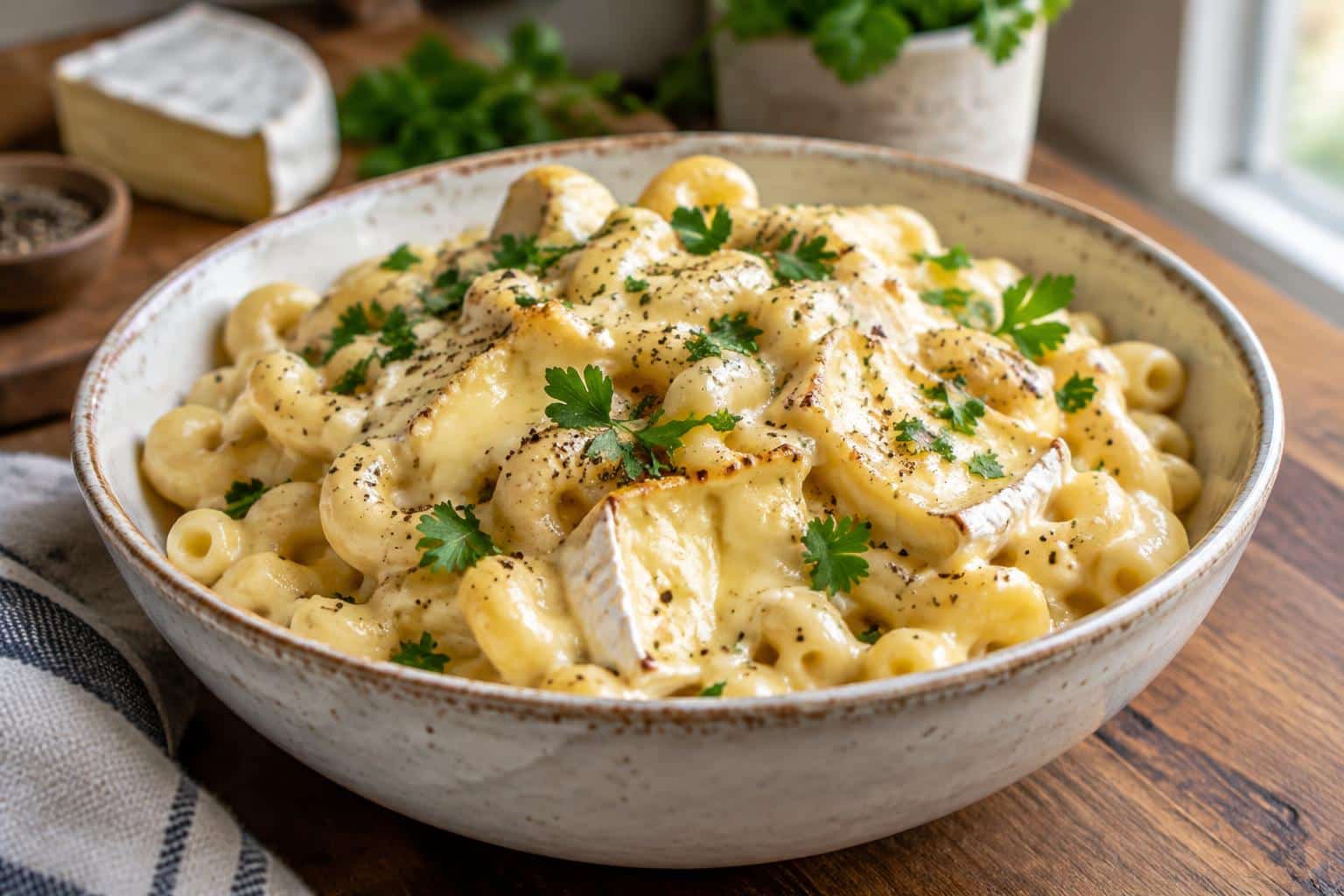 Creamy brie mac cheese garnished with parsley and black pepper in a rustic bowl