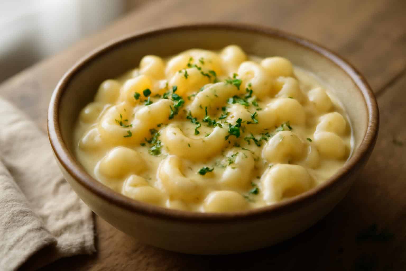 Creamy brie mac cheese served in rustic dish garnished with parsley and black pepper