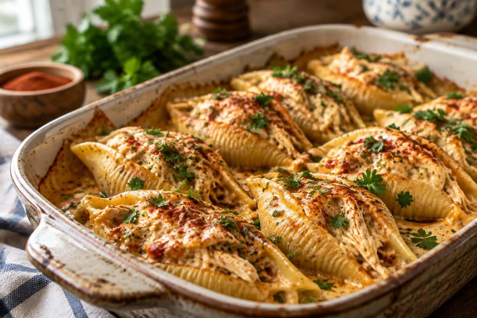 Creamy Cajun chicken stuffed shells in a rustic baking dish with parsley garnish