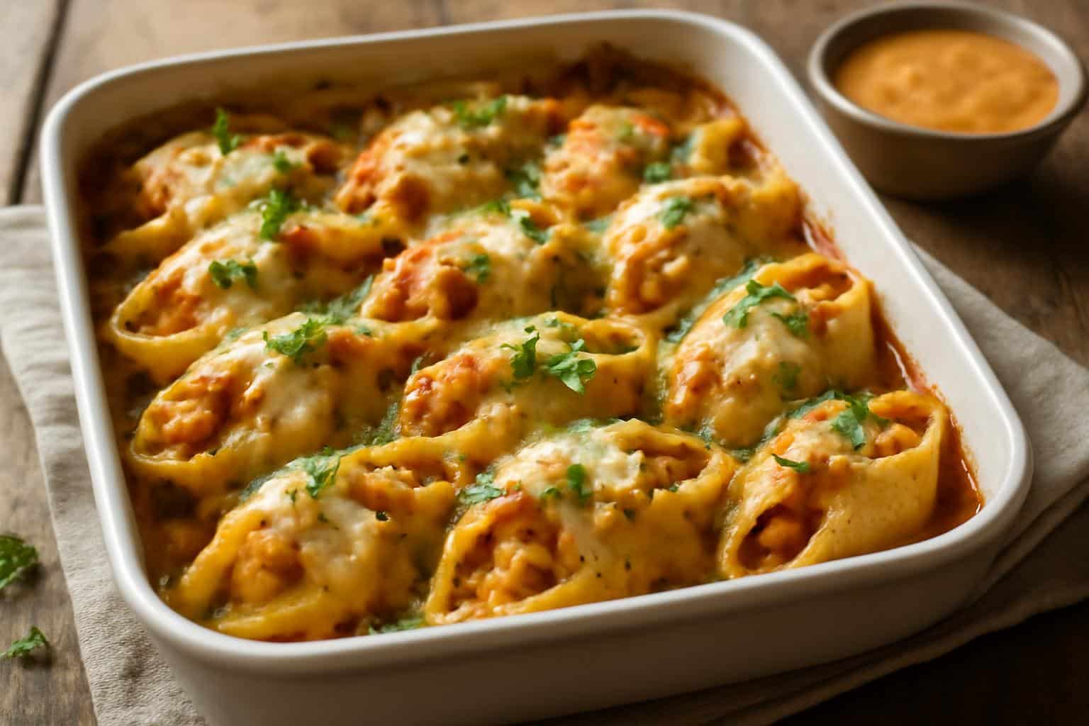Creamy cajun chicken stuffed shells baked with melted cheese and fresh parsley garnish