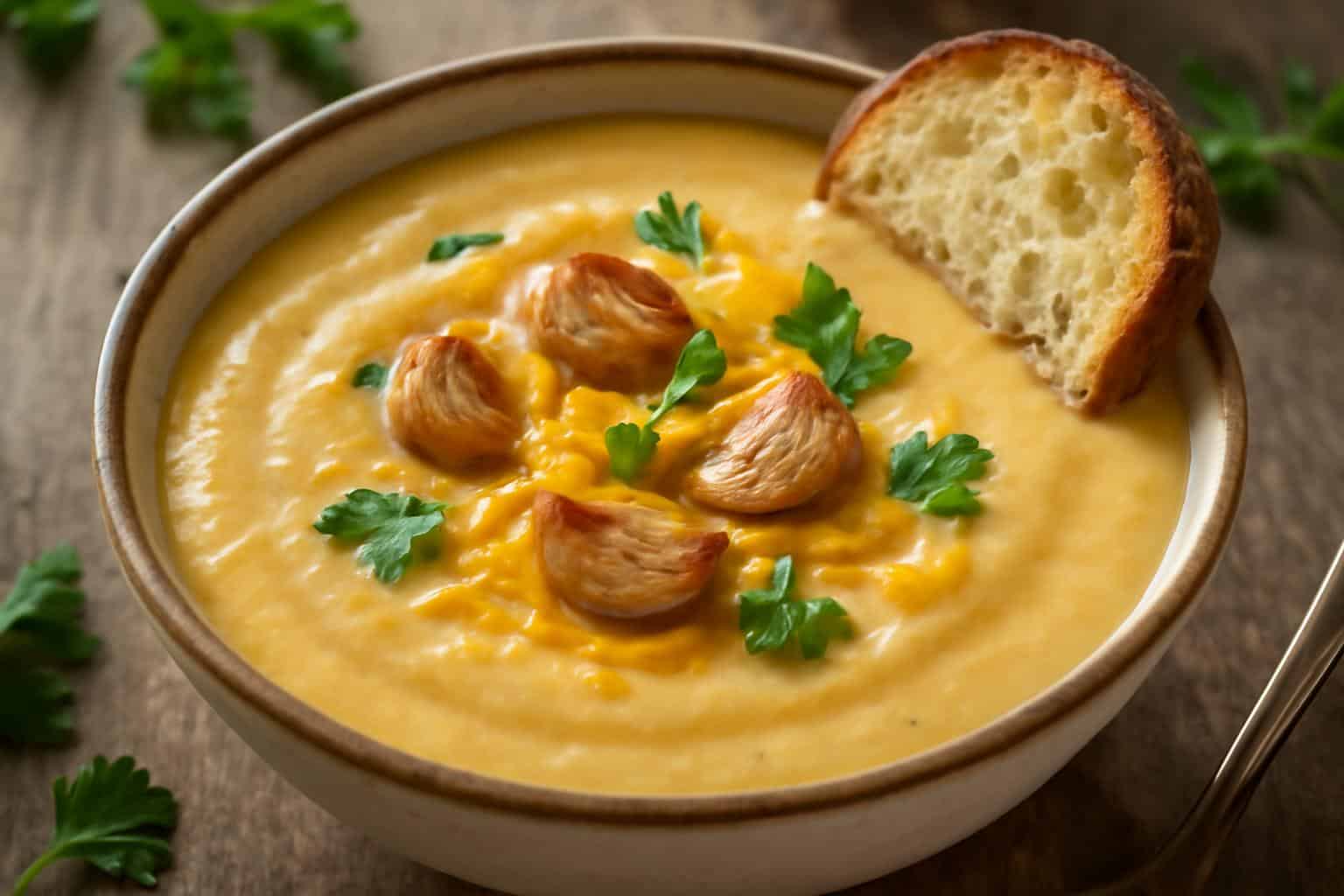Creamy cheddar cauliflower soup with roasted garlic and fresh parsley garnish