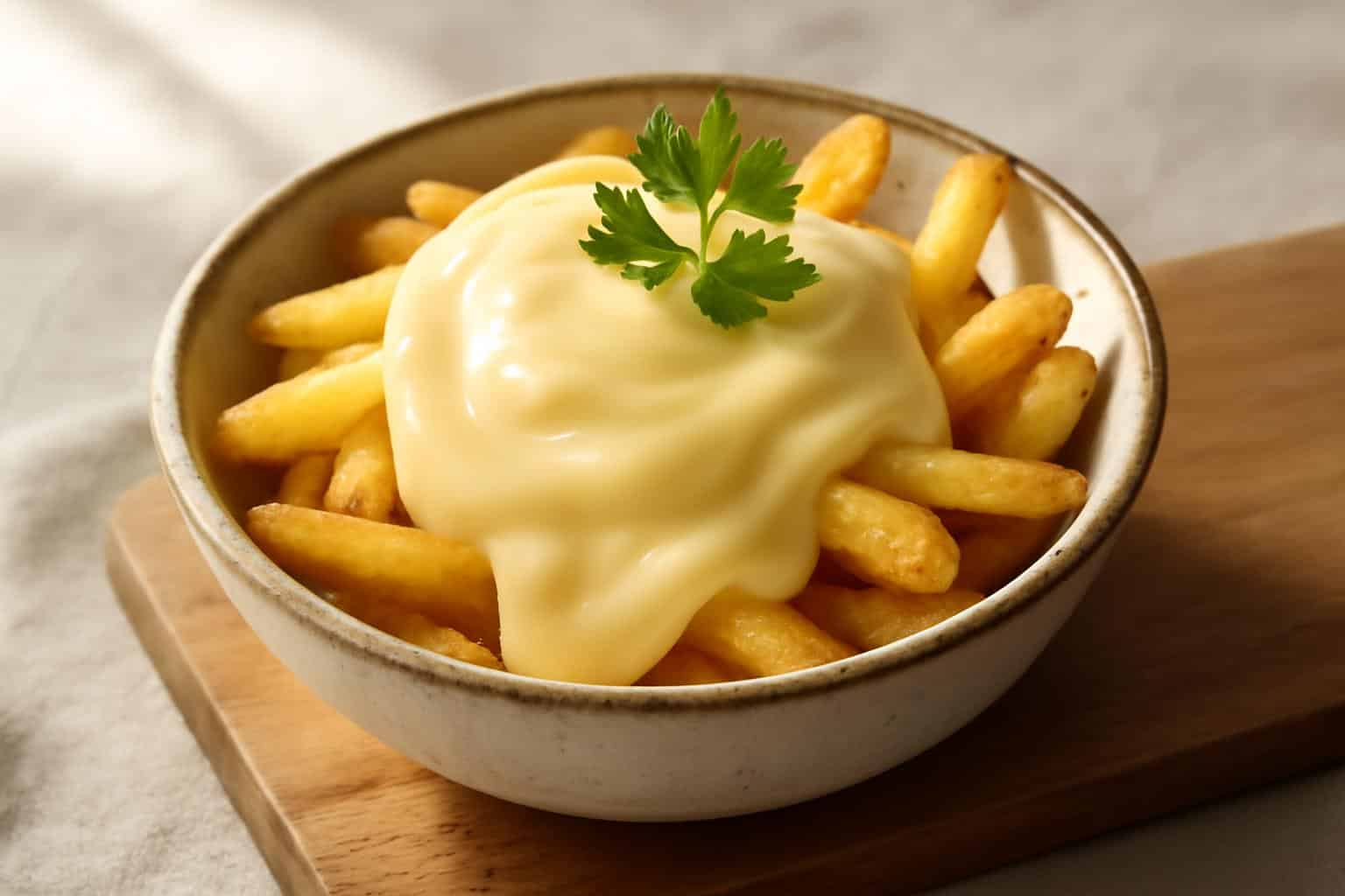 Creamy cheese sauce for fries served in a bowl with golden crispy fries and parsley garnish
