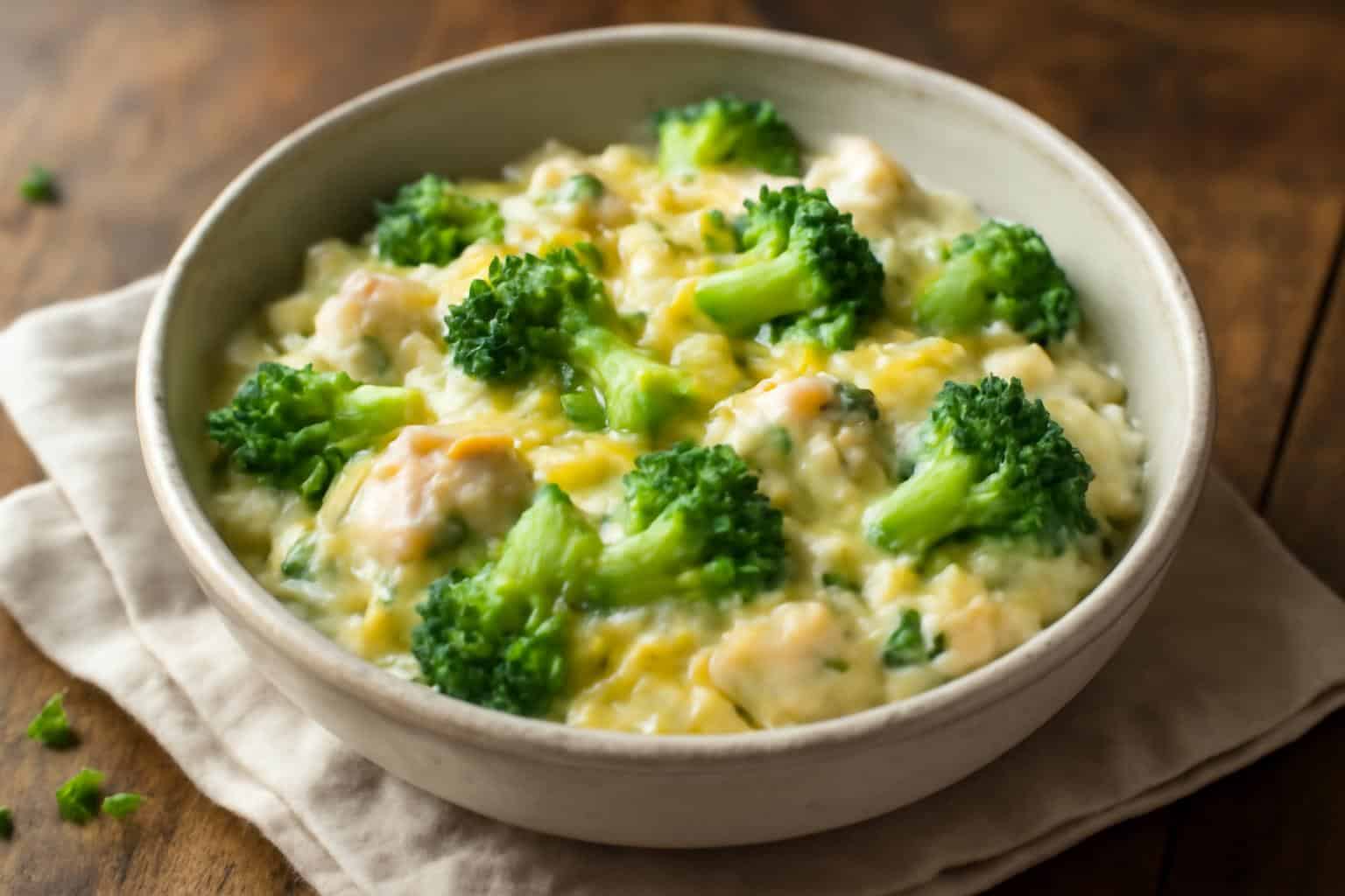 Creamy cheesy chicken broccoli orzo in a bowl garnished with parsley, showcasing the chicken broccoli orzo dish