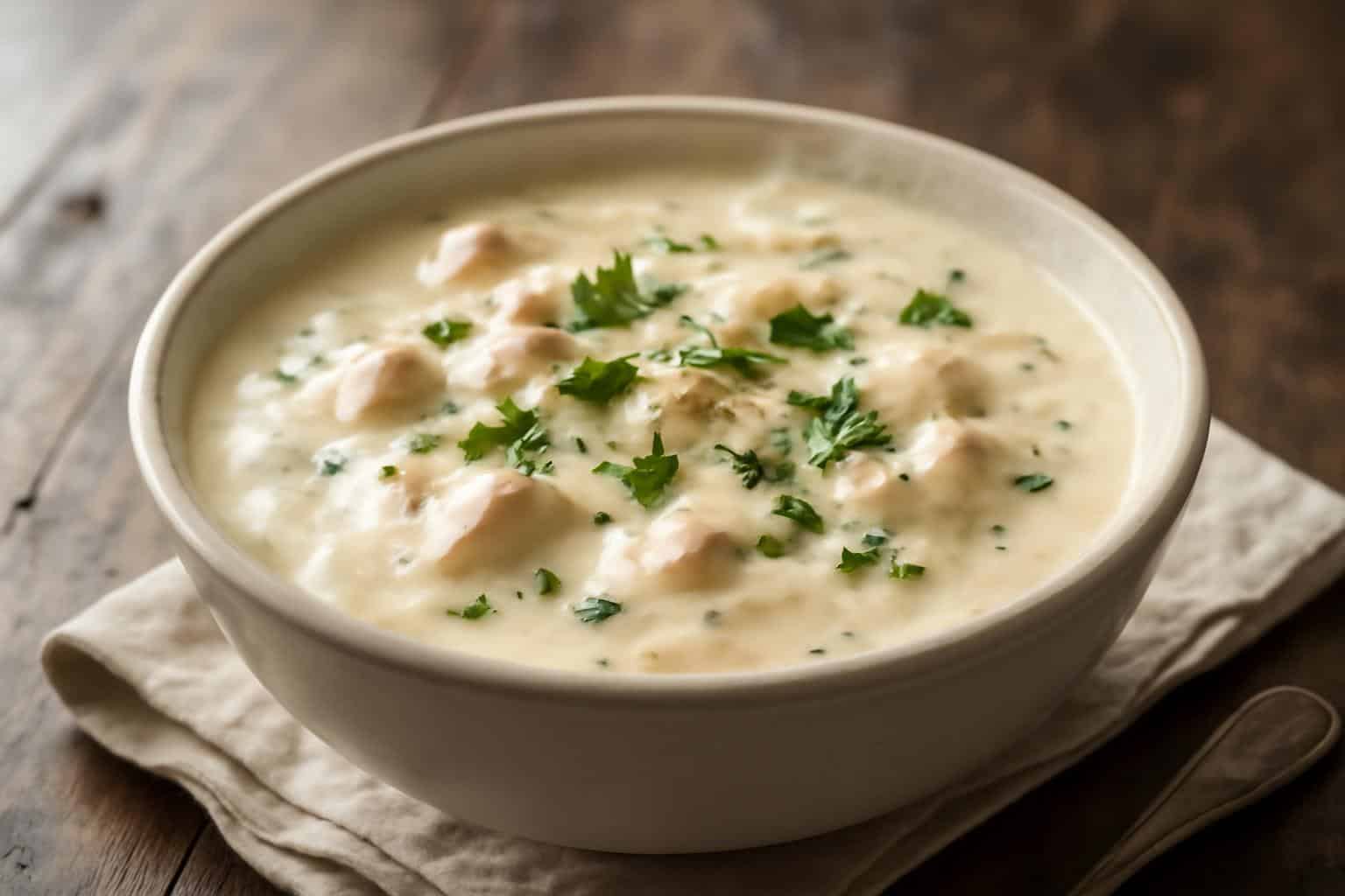 Creamy chicken alfredo soup garnished with parsley and black pepper in a rustic bowl