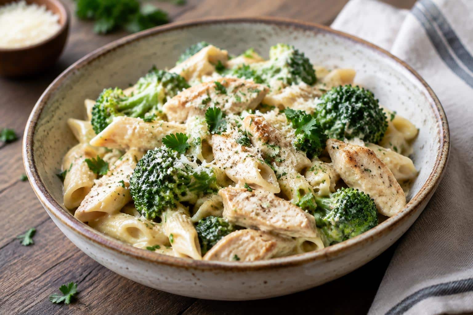 Creamy chicken pasta with broccoli garnished with parsley and Parmesan cheese