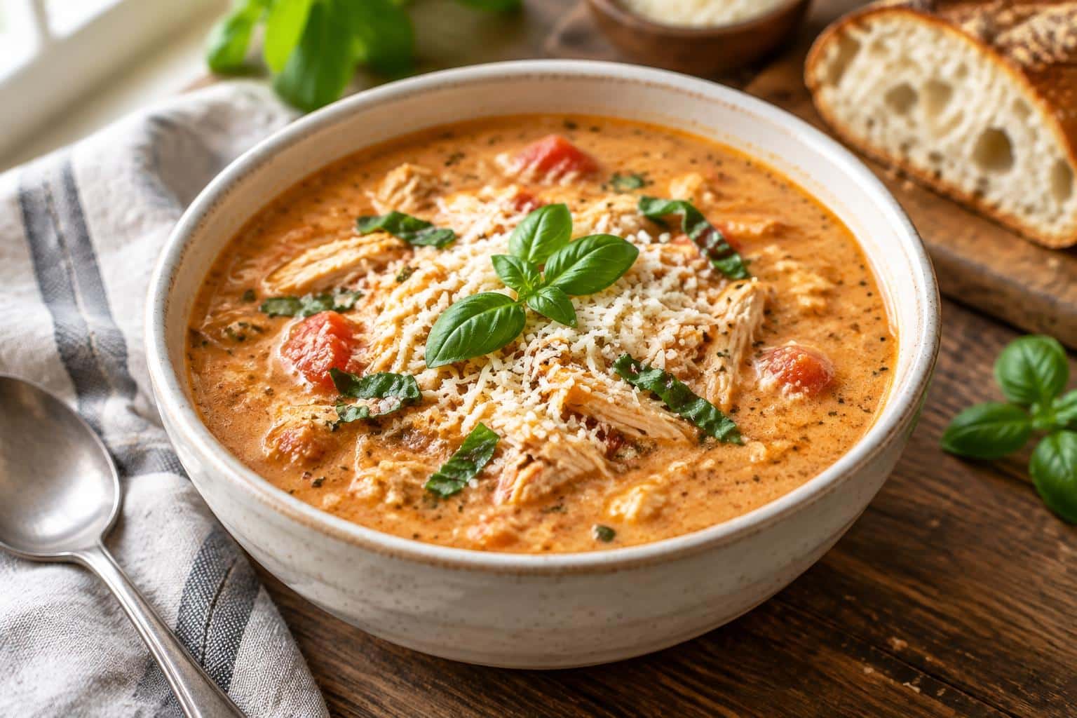 Creamy chicken parmesan soup in bowl with basil garnish and parmesan cheese