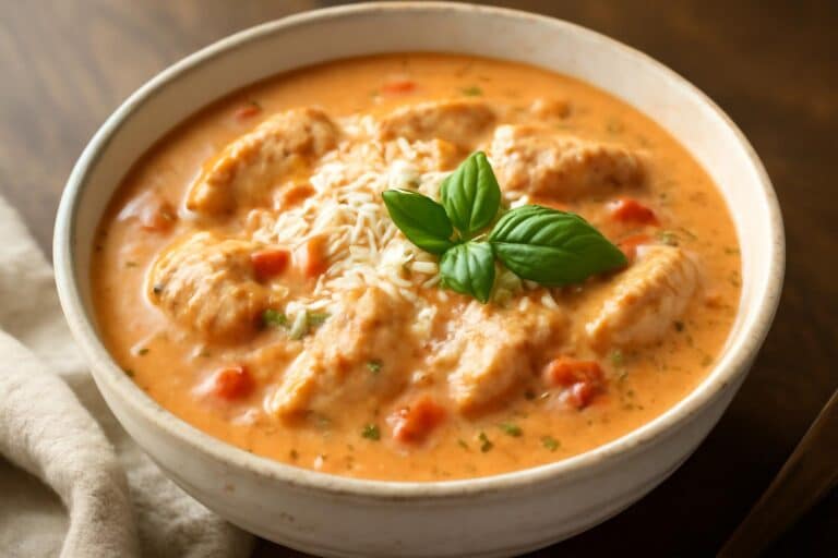 Creamy chicken parmesan soup garnished with parmesan and basil in a white bowl