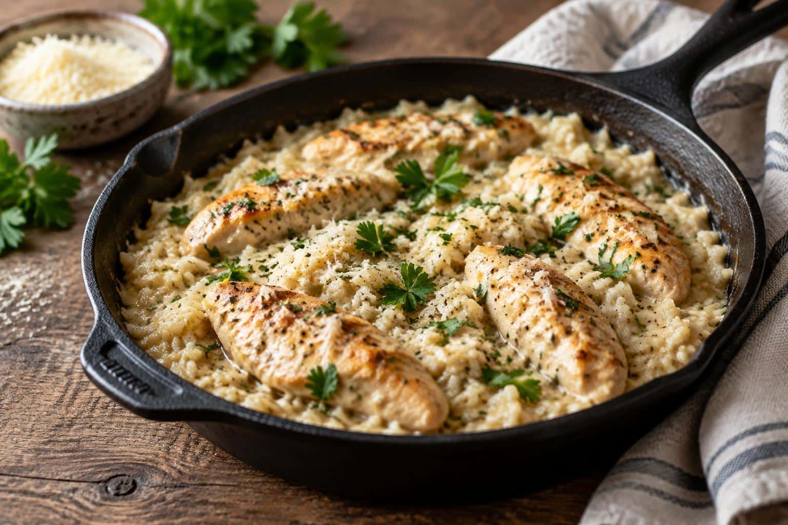 Creamy chicken and rice skillet with tender chicken tenderloins garnished with parsley