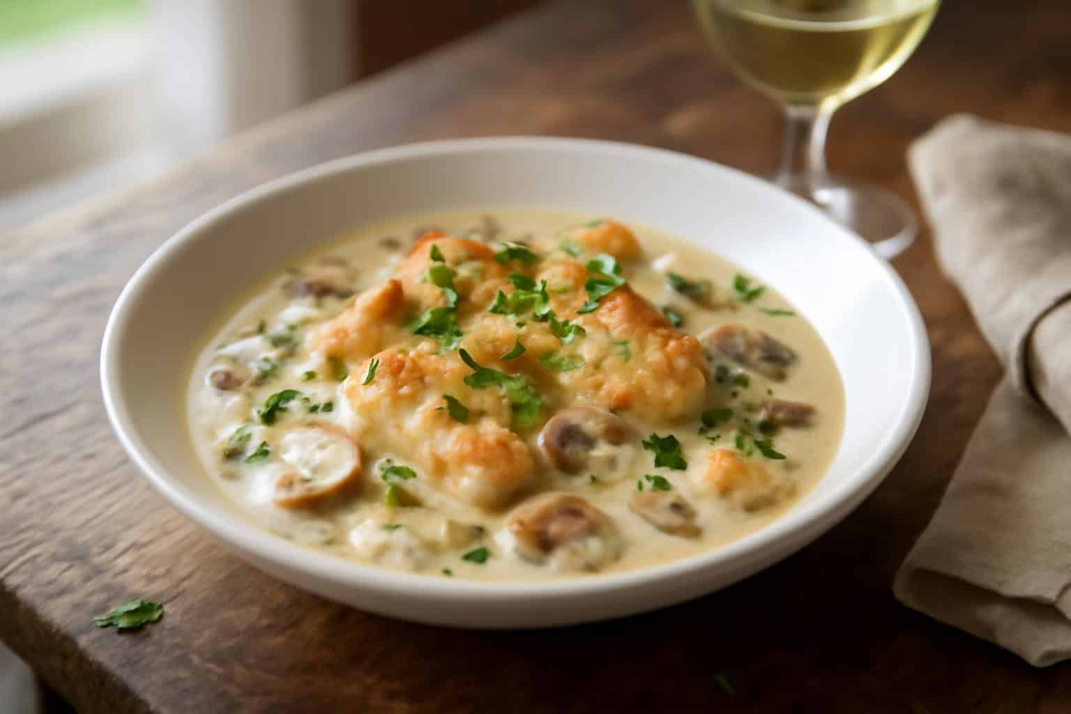 Creamy chicken riesling plated with fresh parsley garnish and lemon zest in a white bowl
