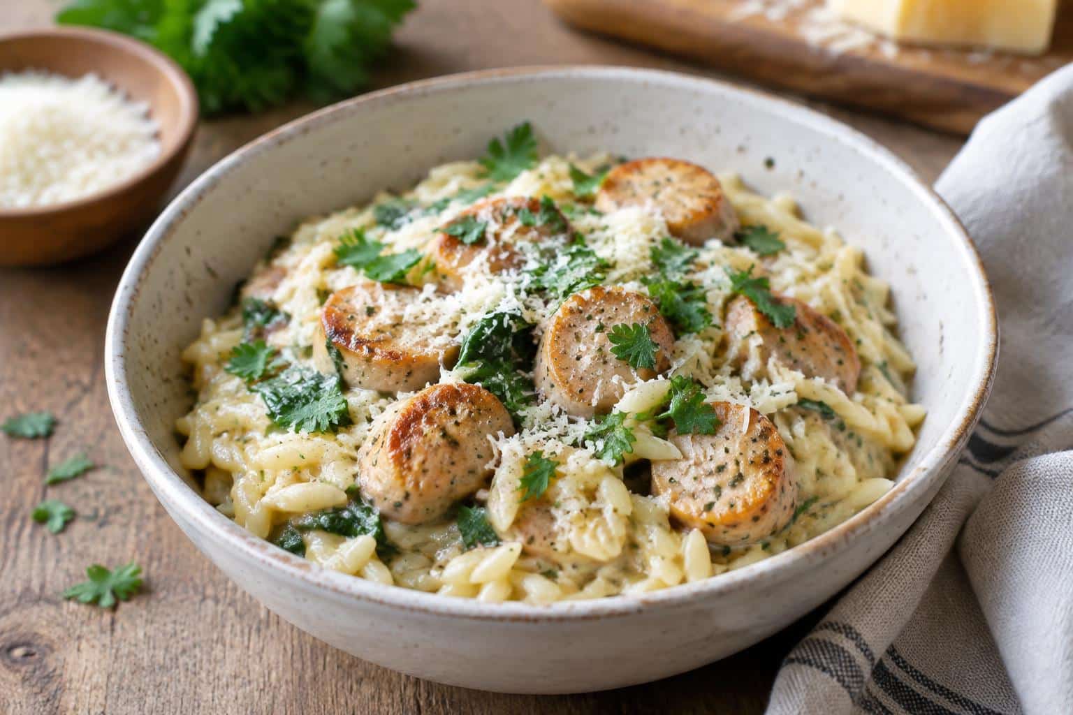 Creamy chicken sausage orzo in a bowl garnished with parsley and Parmesan cheese