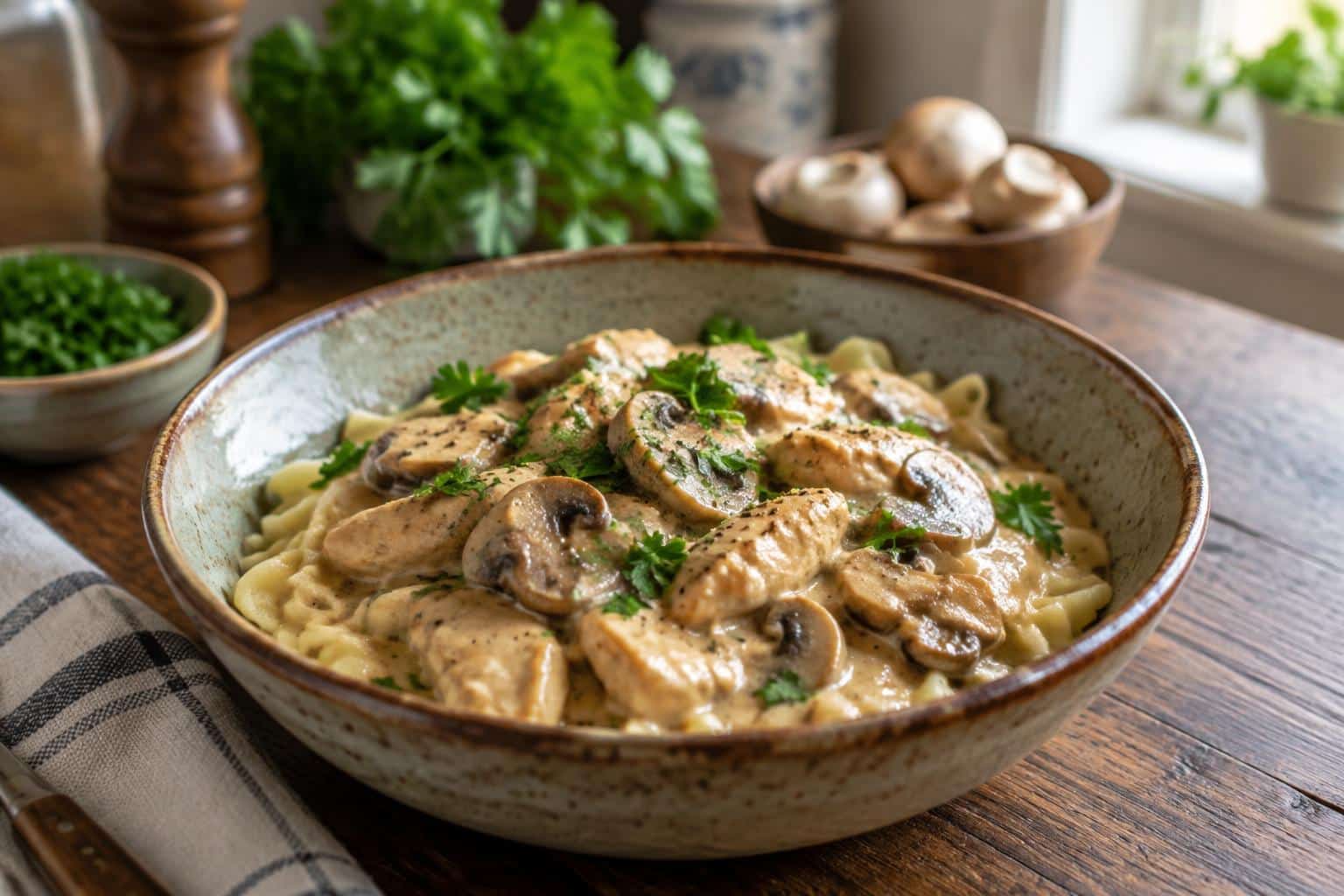 Creamy chicken stroganoff served in a bowl with parsley garnish and mushrooms, chicken stroganoff