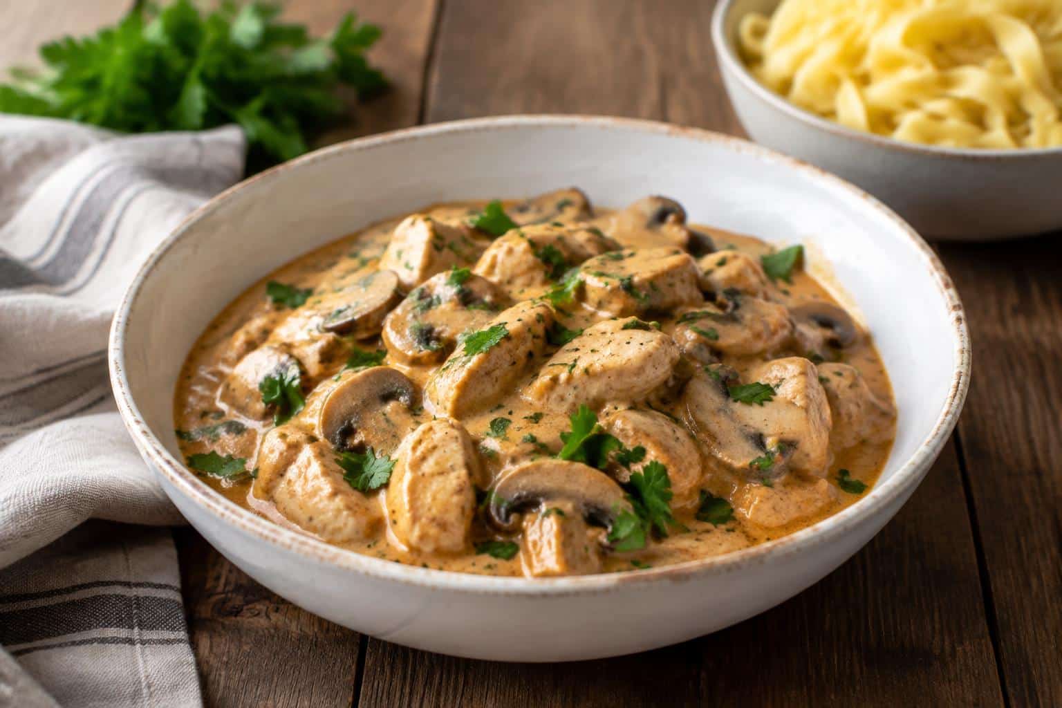 Creamy chicken stroganoff in a rustic bowl garnished with parsley, showcasing rich sauce and tender chicken