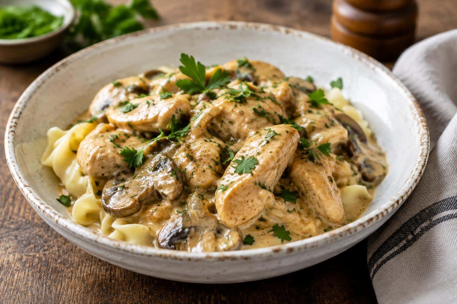 Creamy chicken stroganoff served in white bowl garnished with parsley and creamy sauce