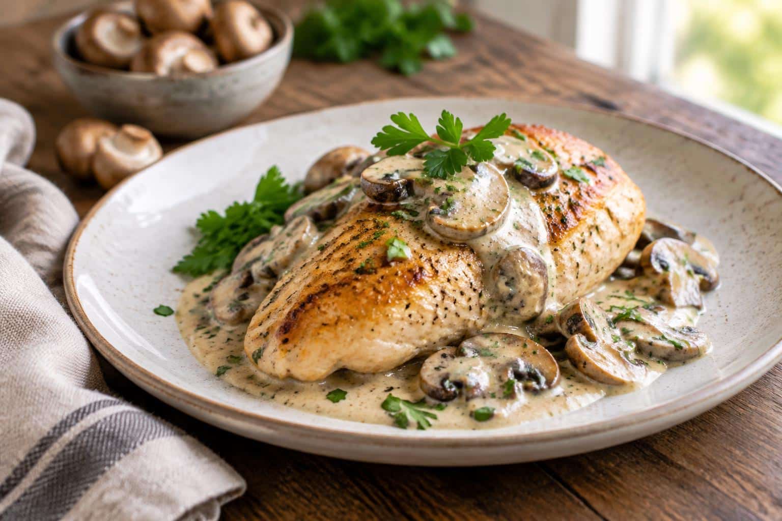 Creamy chicken supreme with mushroom sauce garnished with parsley on rustic plate