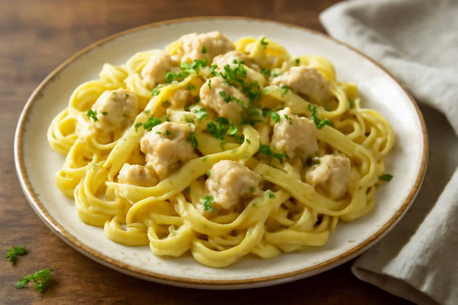 Creamy chickenbutter noodles served on a rustic ceramic plate garnished with parsley and black pepper