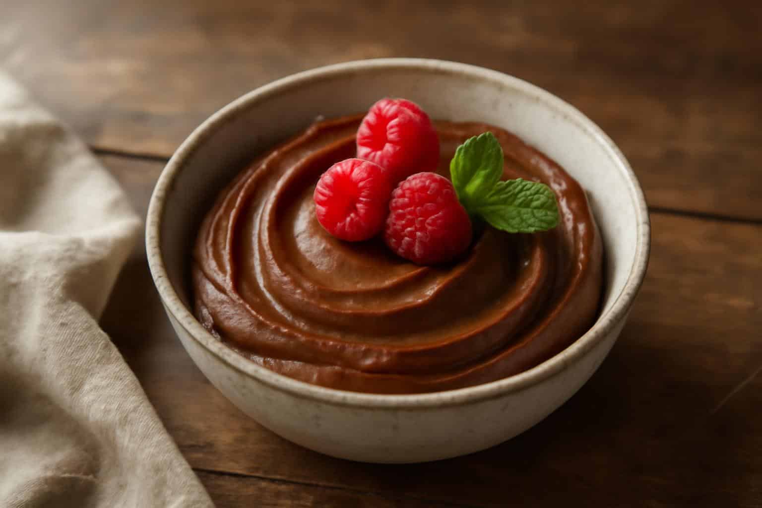 Creamy chocolate avocado mousse dessert garnished with raspberries and mint