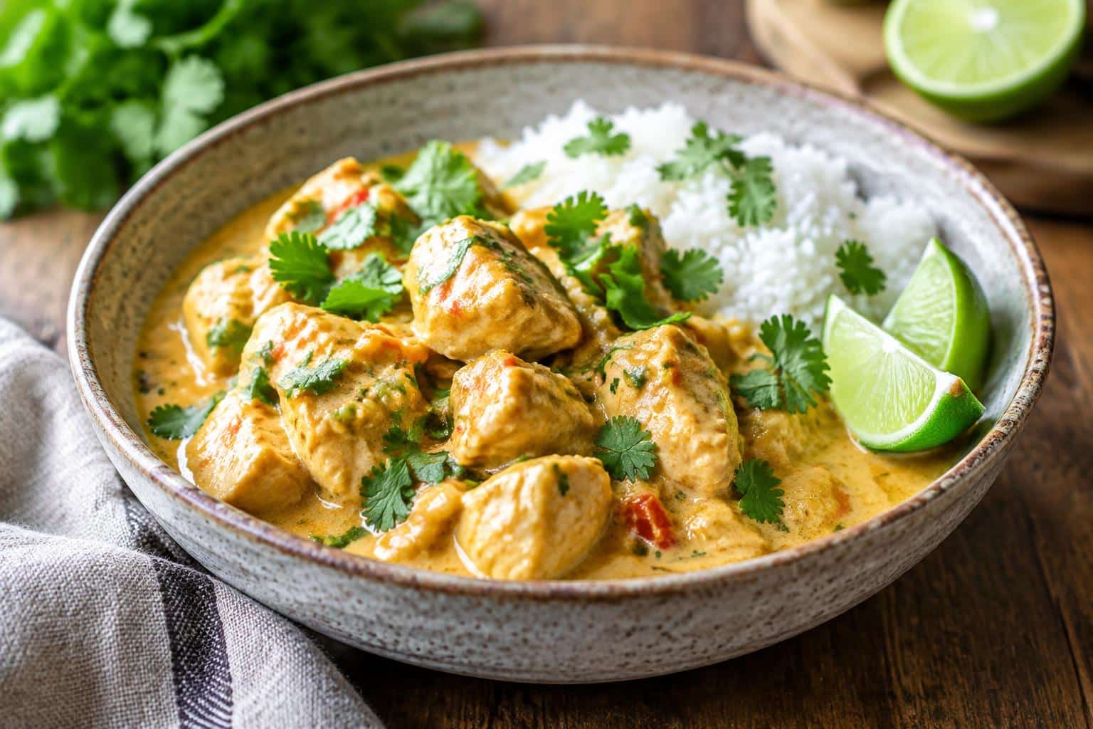 Creamy coconut chicken and rice served in a rustic bowl with cilantro garnish, showcasing creamy coconut chicken