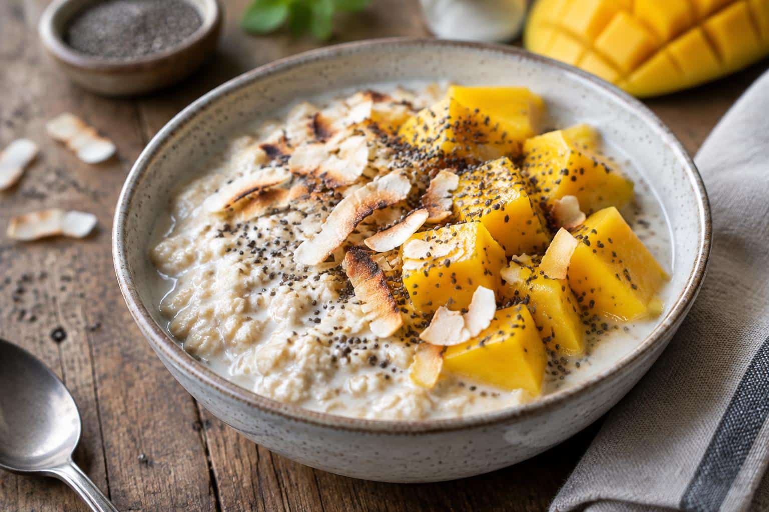 Bowl of creamy coconut oats topped with fresh mango and toasted coconut flakes