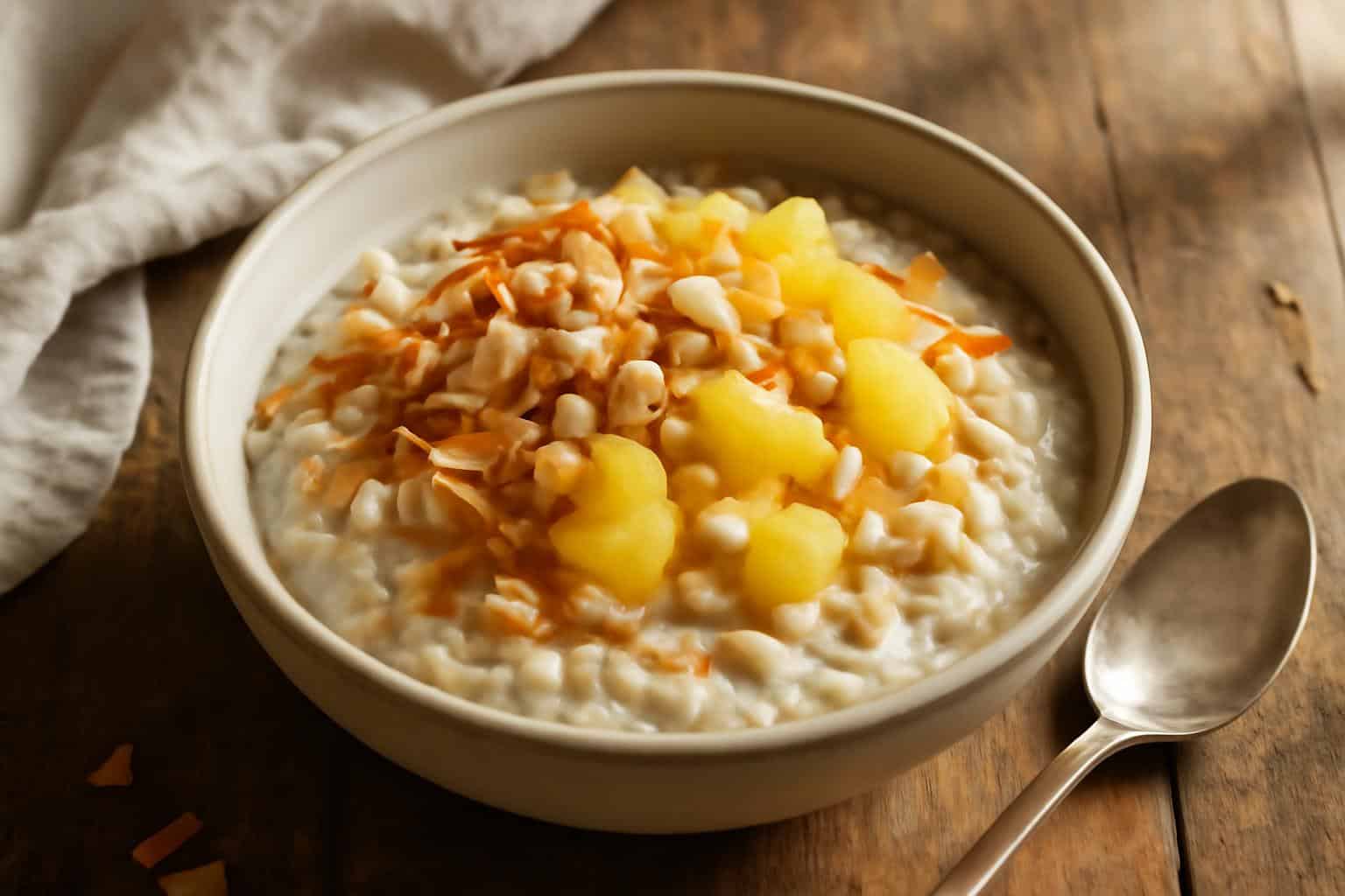 bowl of creamy coconut oats topped with pineapple and toasted coconut flakes
