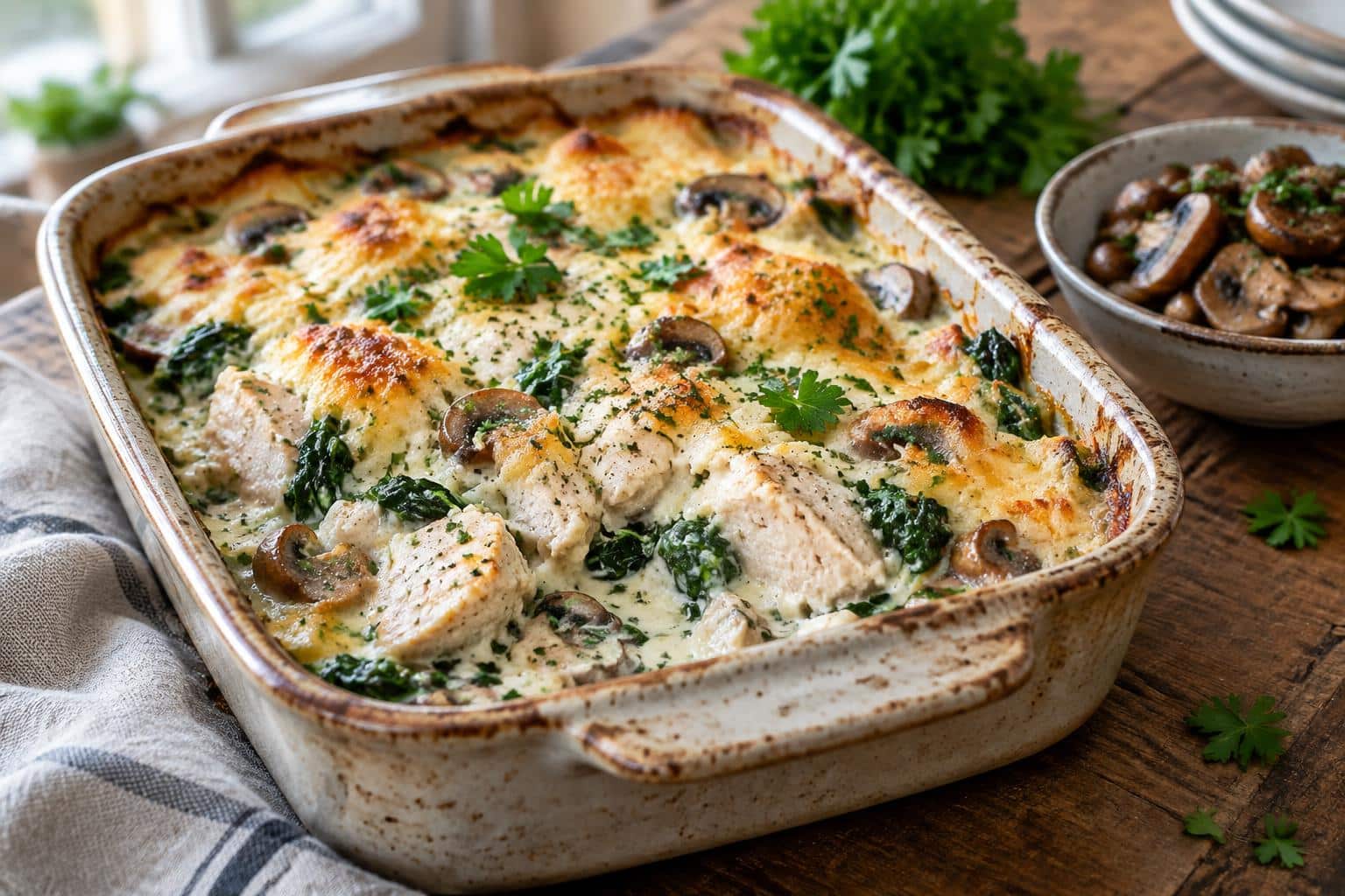 Creamy cottage cheese casserole with chicken, mushrooms, and spinach in a ceramic baking dish