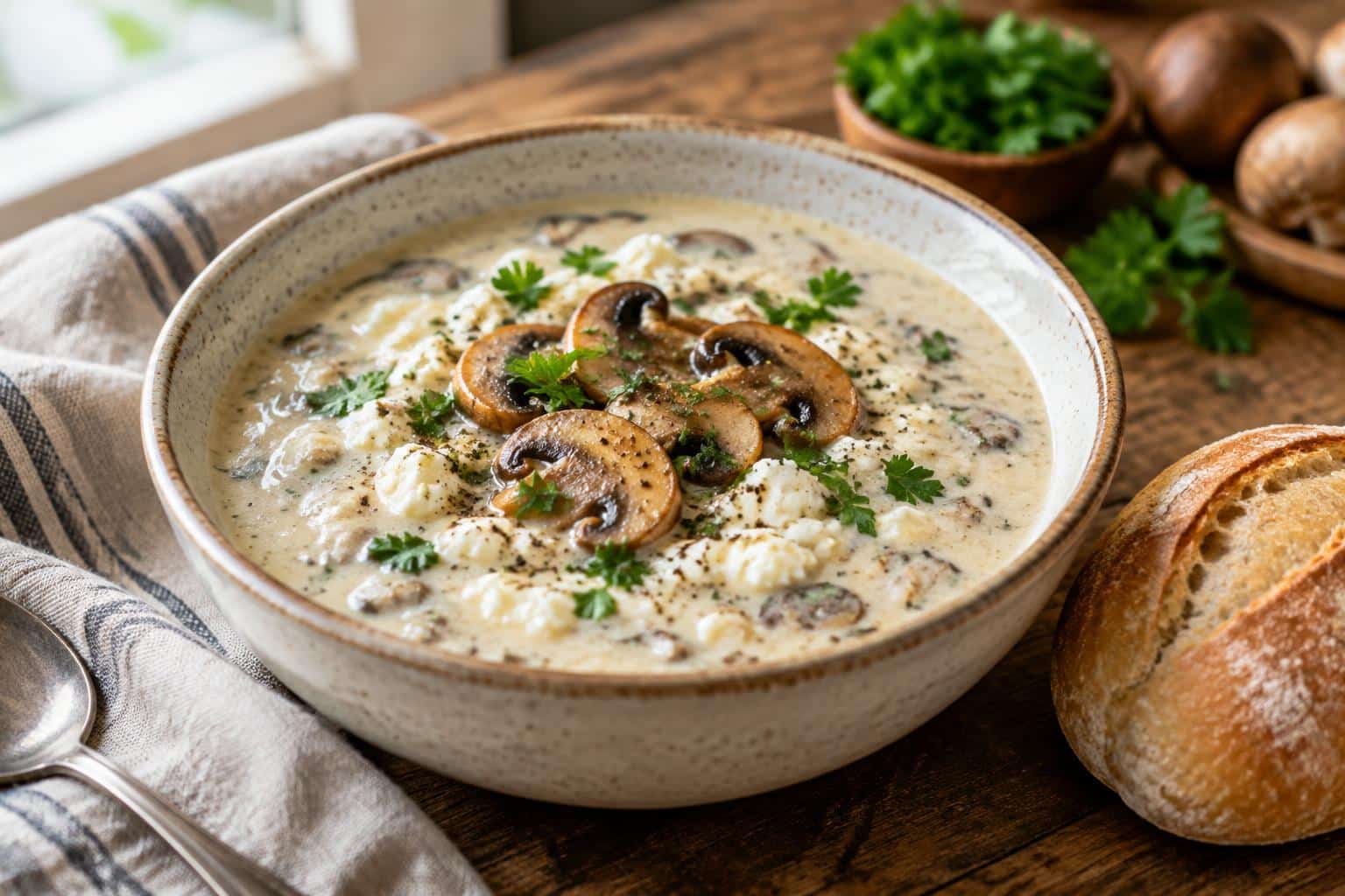 Creamy cottage cheese mushroom soup in bowl garnished with parsley and mushroom slices