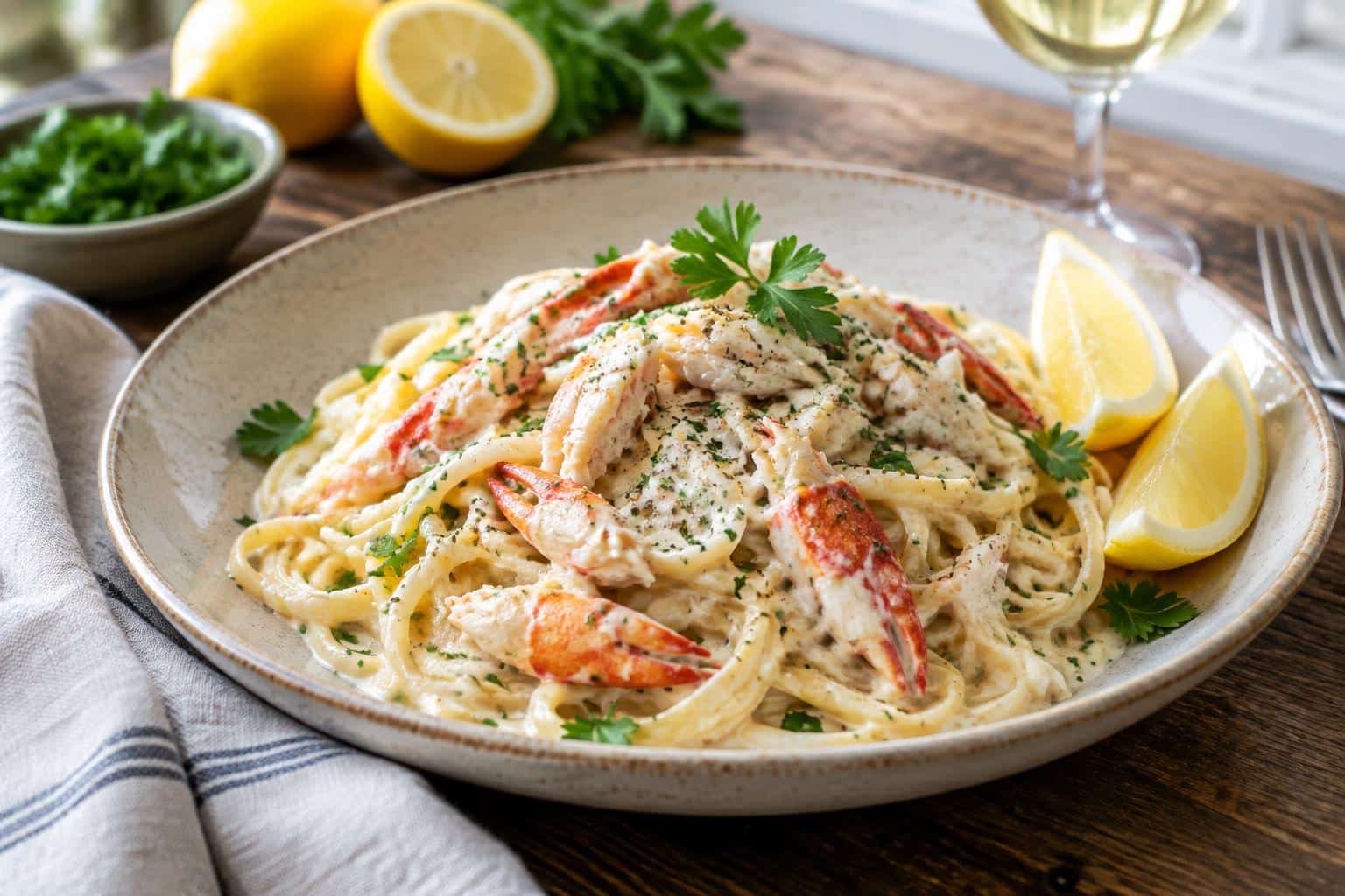 Creamy crab linguini with white wine sauce garnished with parsley and lemon wedges