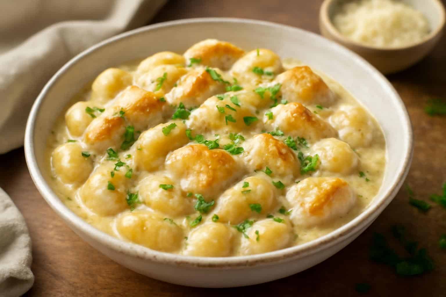 Creamy crack chicken gnocchi in white bowl garnished with parsley, comfort food dish