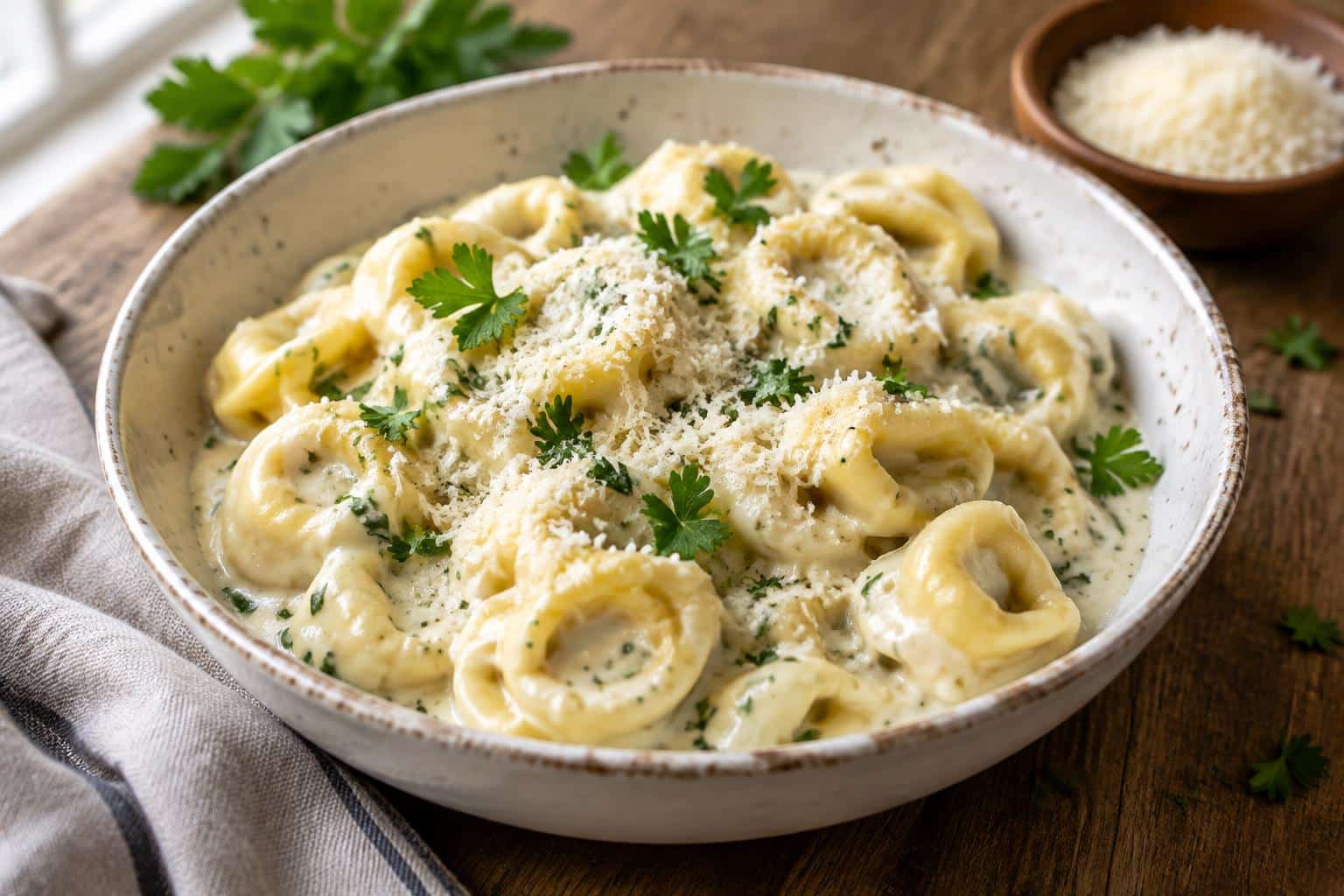Creamy crockpot tortellini alfredo garnished with parsley and Parmesan cheese