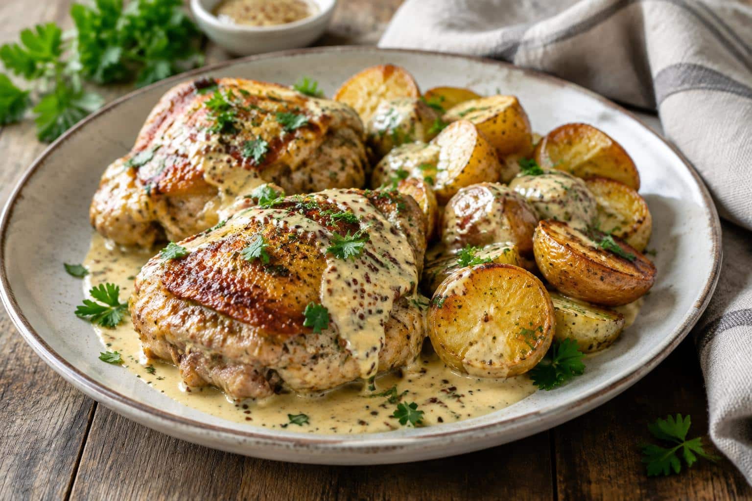 Roasted chicken and potatoes with creamy dijon cream sauce garnished with parsley