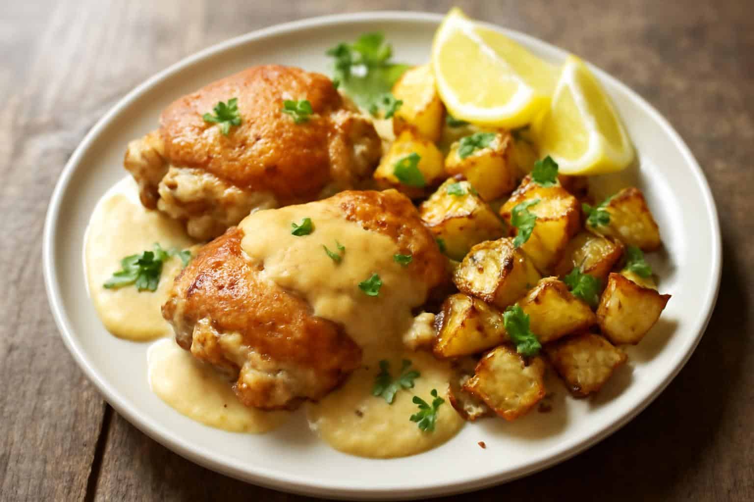 Chicken and potatoes with dijon cream sauce garnished with parsley and lemon wedges
