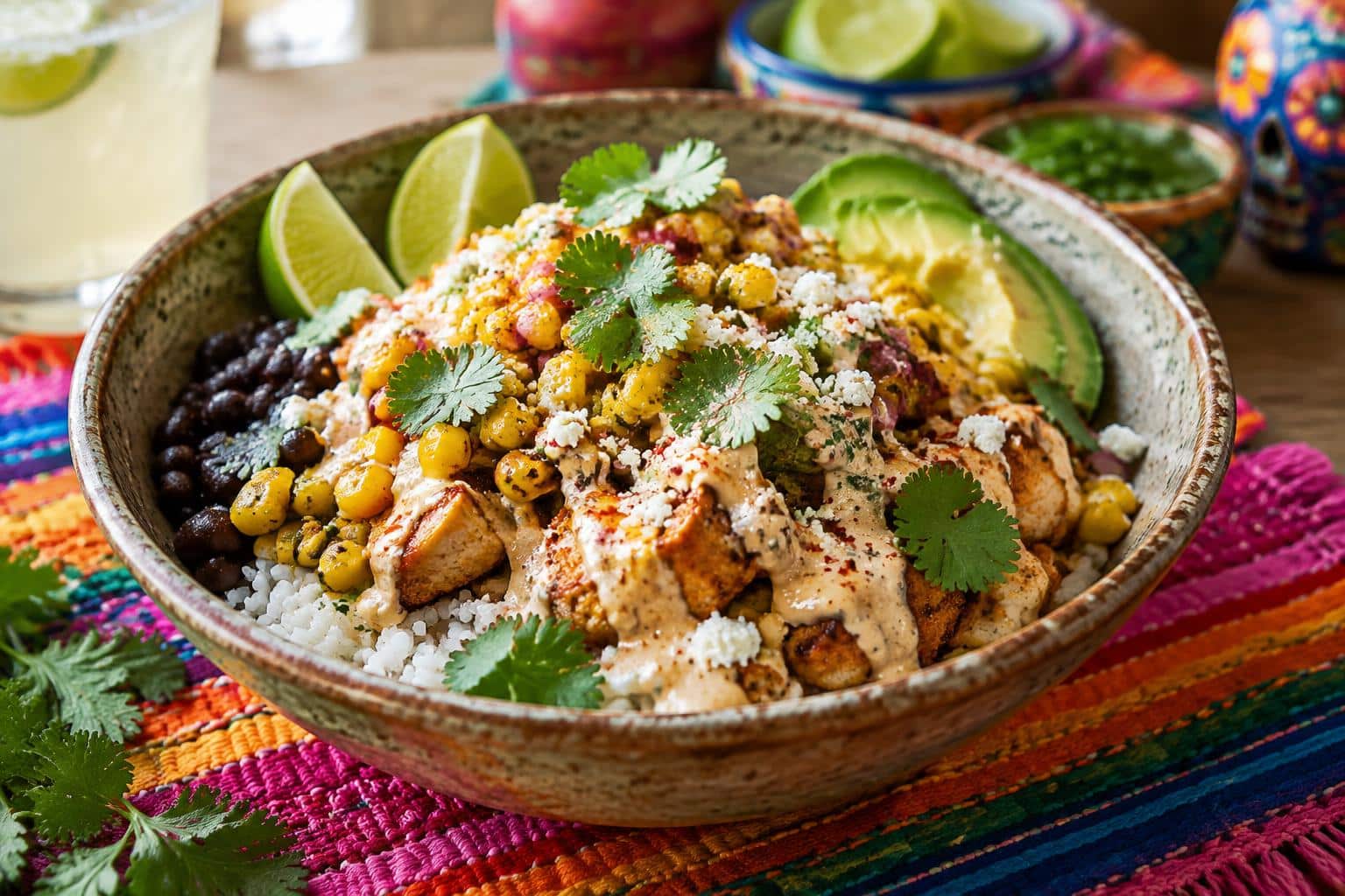 Creamy fiesta street corn chicken rice bowl with fresh cilantro and lime garnish