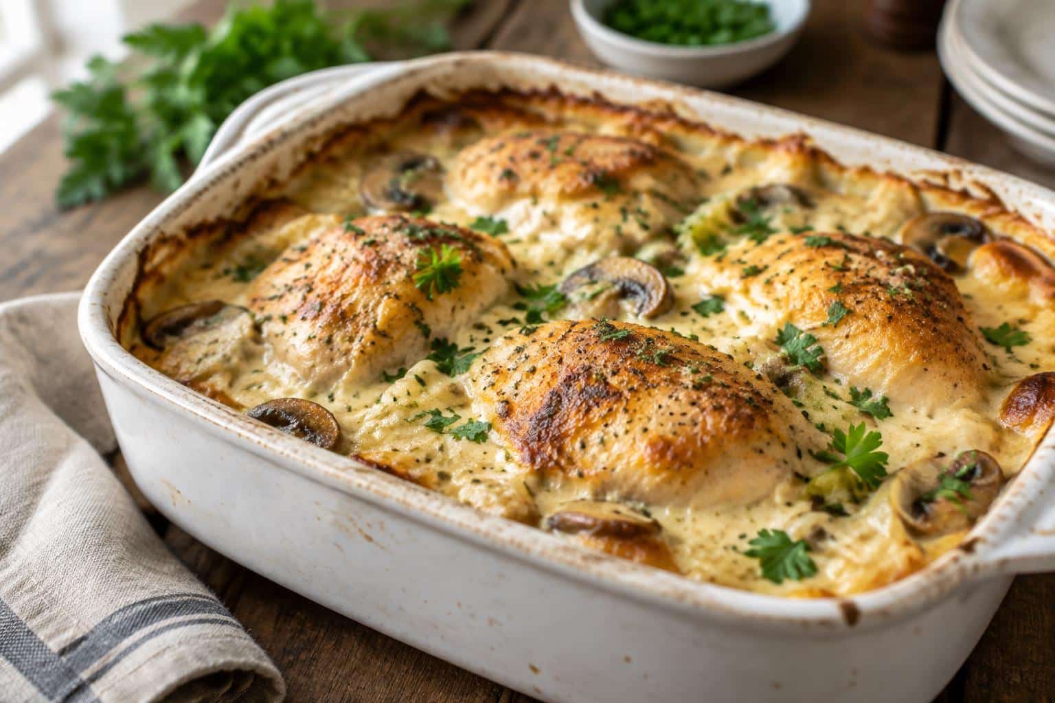 Creamy French chicken casserole baked to golden brown with fresh parsley garnish