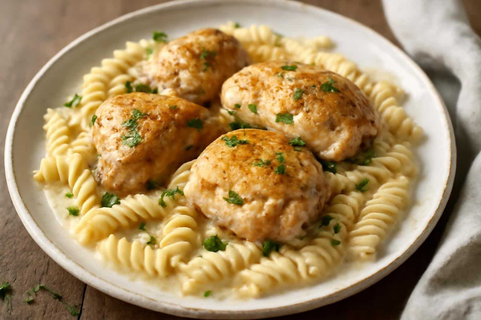 Creamy garlic butter chicken and rotini pasta in parmesan sauce garnished with parsley