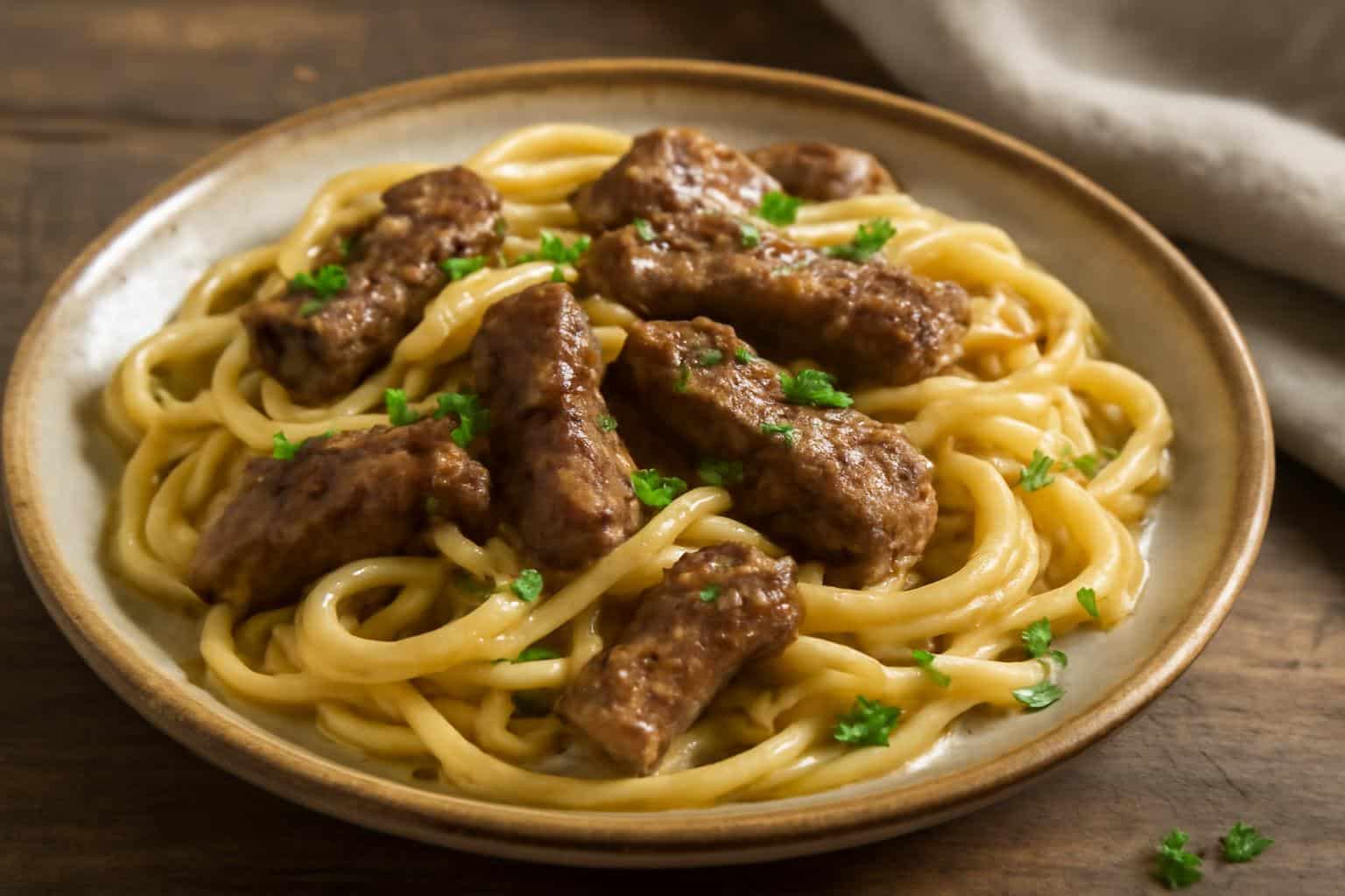 Creamy garlic butter steak pasta with tender steak slices and parsley garnish