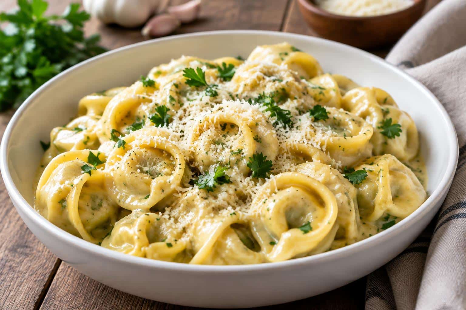 Creamy garlic butter tortellini in a bowl garnished with parsley and parmesan cheese