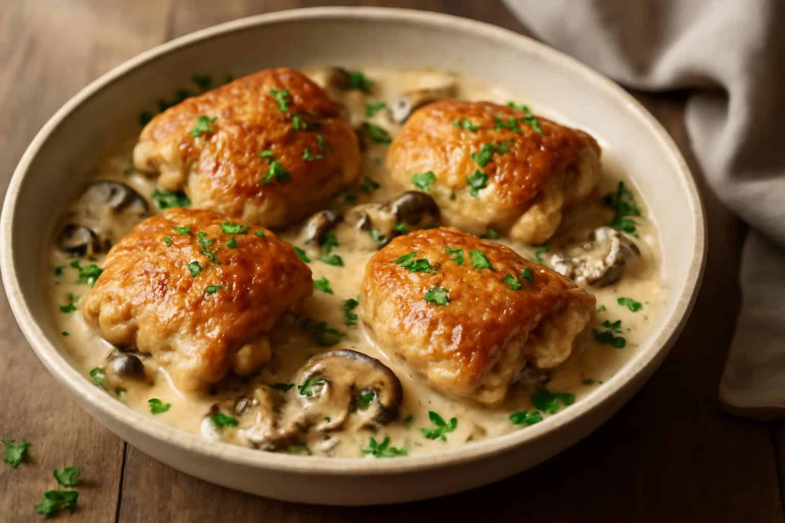 Plate of creamy garlic mushroom chicken thighs with fresh parsley garnish