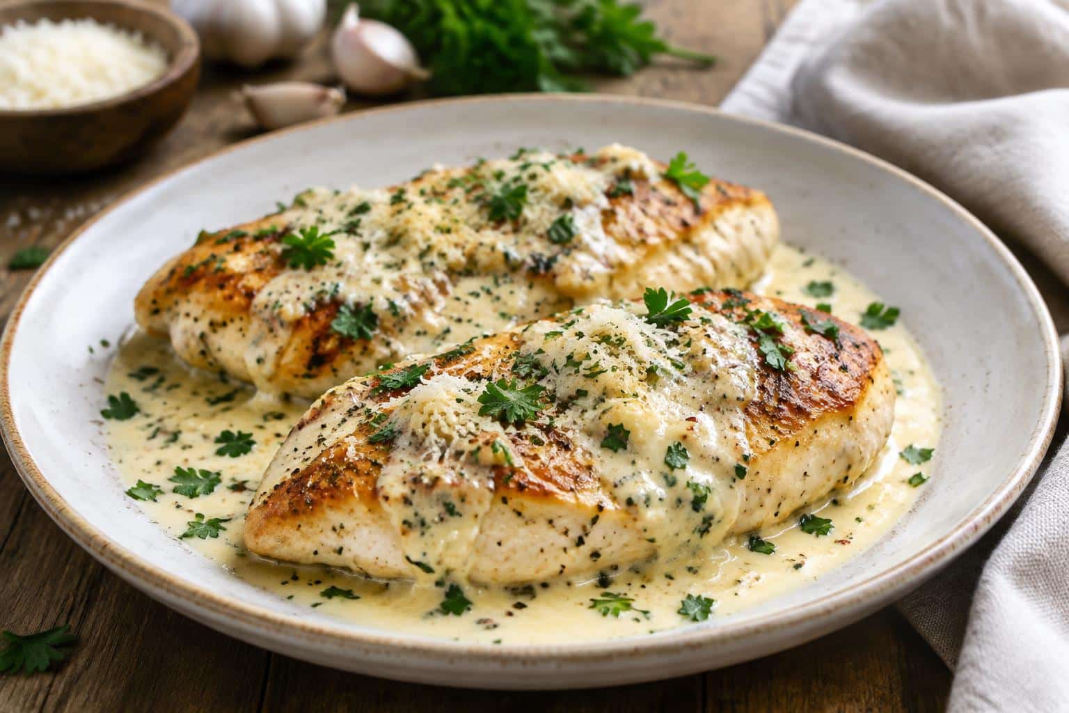Creamy garlic parmesan chicken plated with sauce and parsley garnish