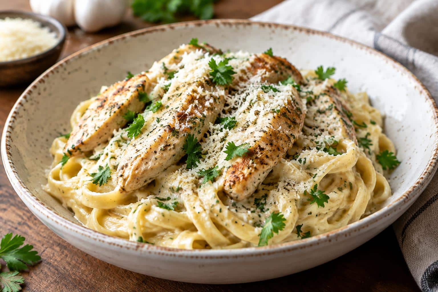 Creamy garlic parmesan chicken pasta garnished with parsley and parmesan cheese served in a white bowl