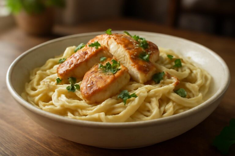 creamy garlic parmesan chicken pasta served in white bowl garnished with fresh parsley