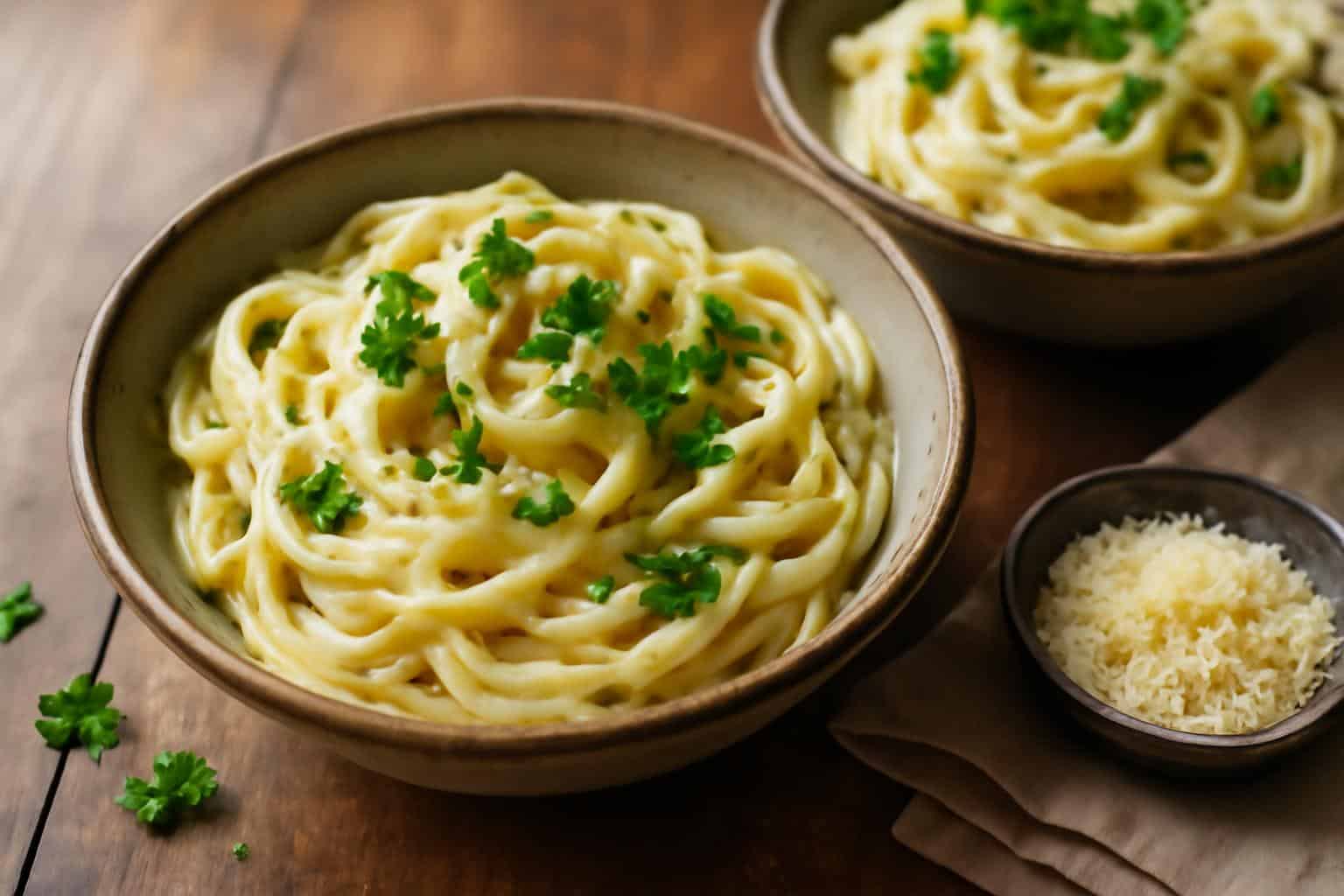 Creamy garlic parmesan pasta bowls garnished with parsley and black pepper served in rustic bowls